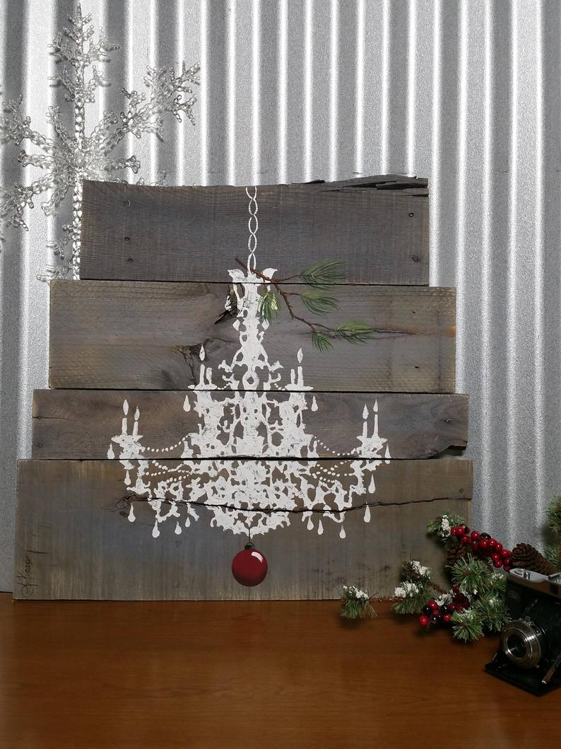 Christmas Chandelier with red bulb on pallet wood, Hand painted pine branch, Farmhouse Decor Wall Art