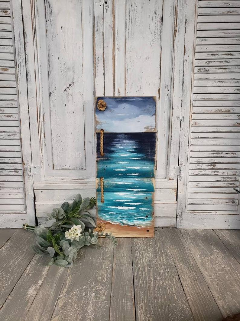 Nautical rope Beach pallet painting, Hand Painted Seascape, Rustic Far –  The White Birch Studio