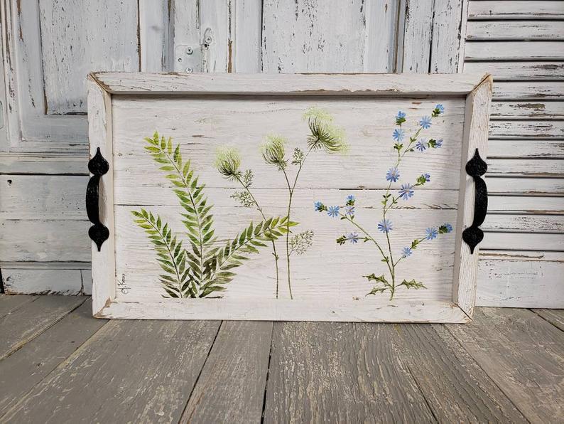 Wild flower hand painted Decorative tray on pallet wood, Rustic farmho –  The White Birch Studio