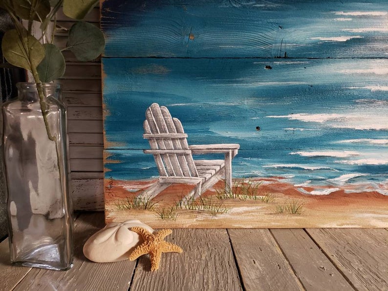 Large hand painted beach pallet art, Seascape horizon, Adirondack chair, Cottage decor seascape