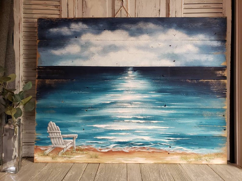 Large hand painted beach pallet art, Seascape horizon, Adirondack chair, Cottage decor seascape