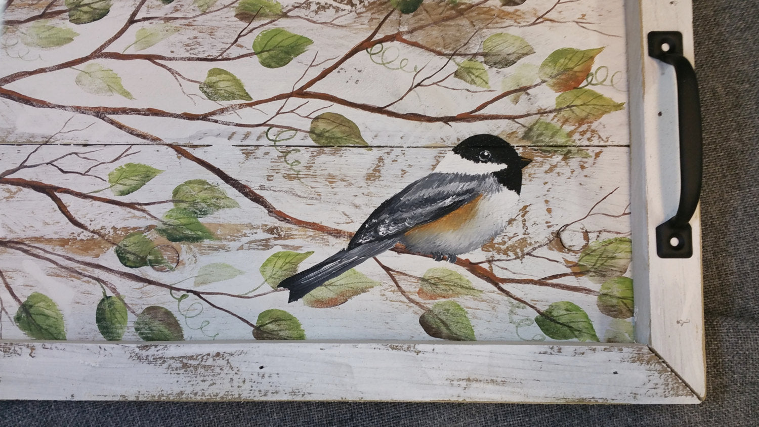 Decorative hand painted pallet tray, Farmhouse decor painted leaves and chickadee bird