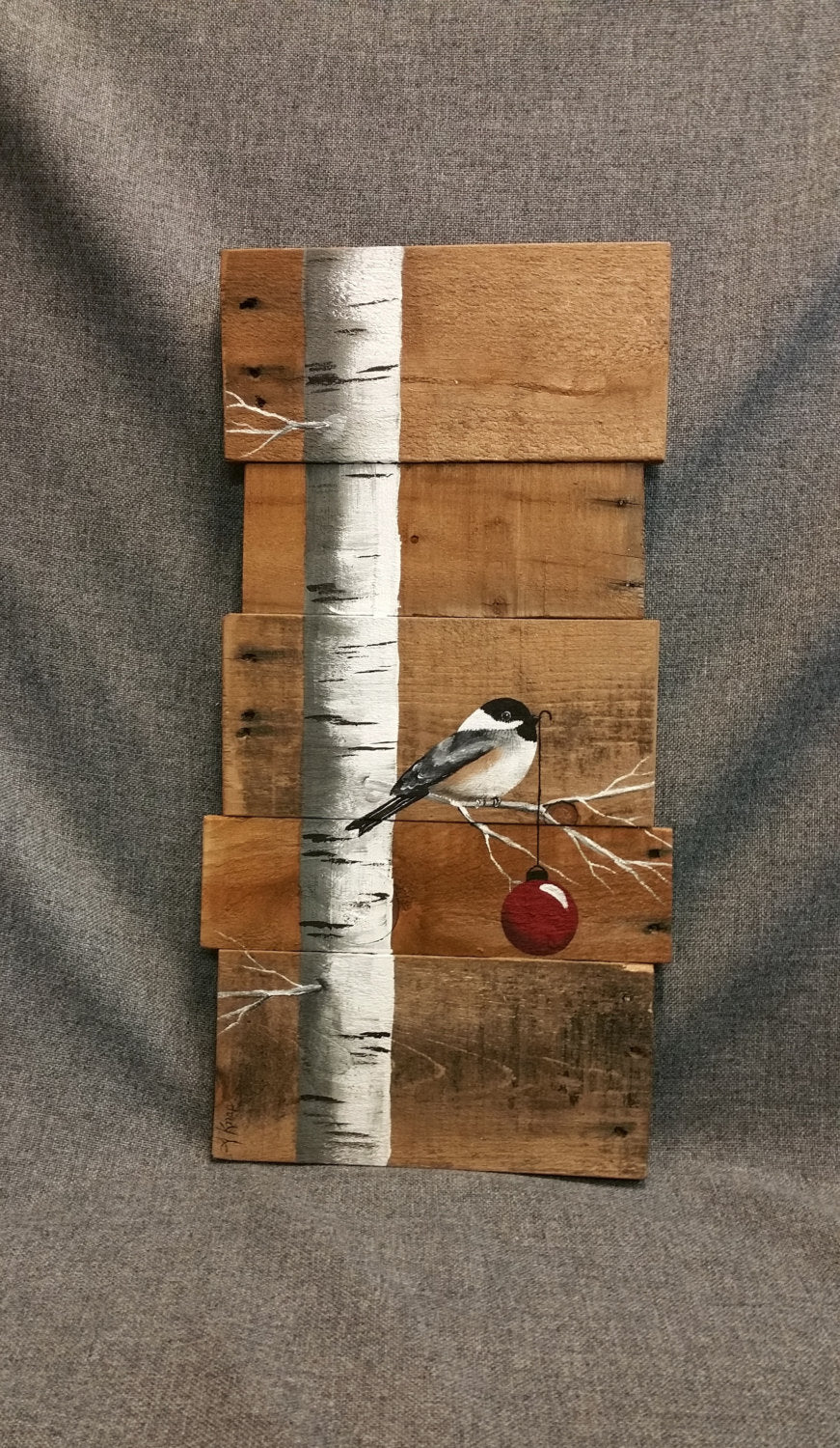Rustic hand painted Christmas sign, White Birch with chickadee bird on natural pallet art, Cabin holiday decor