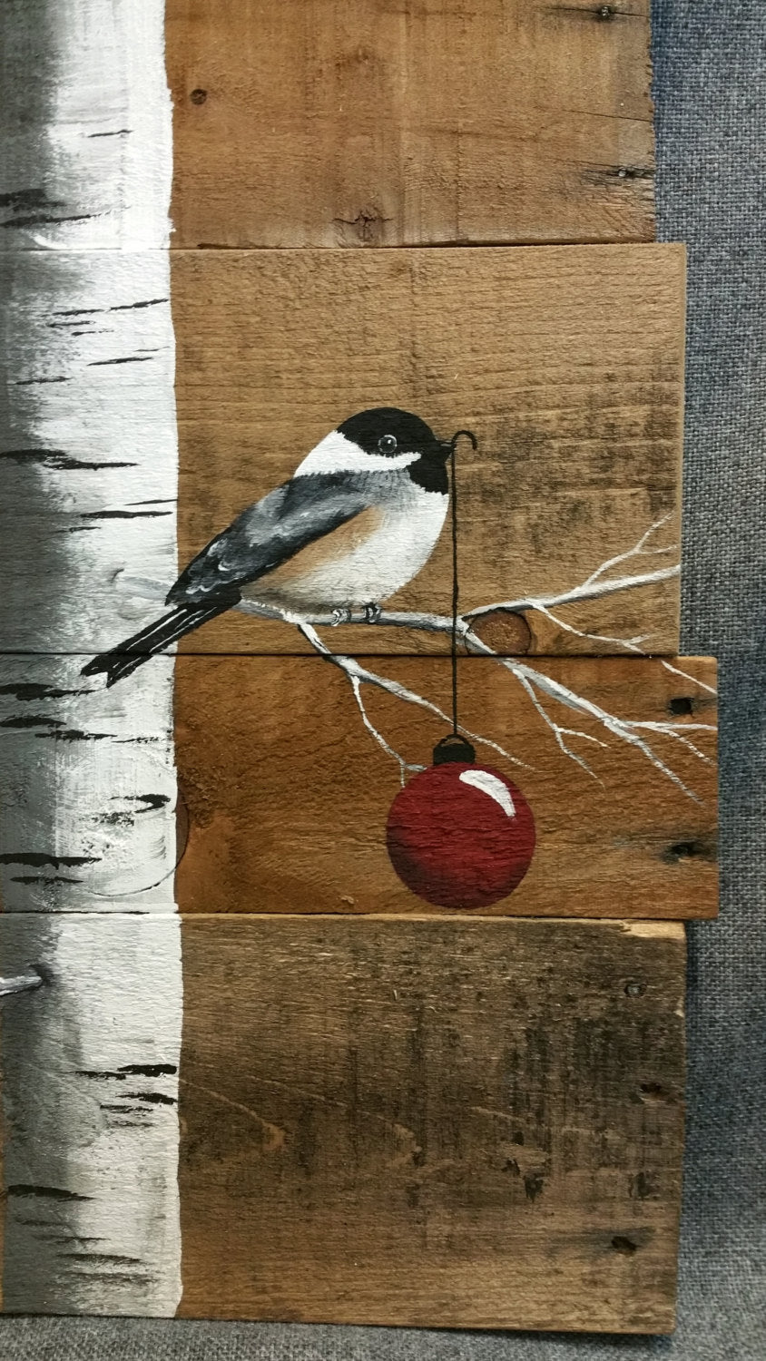 Rustic hand painted Christmas sign, White Birch with chickadee bird on natural pallet art, Cabin holiday decor