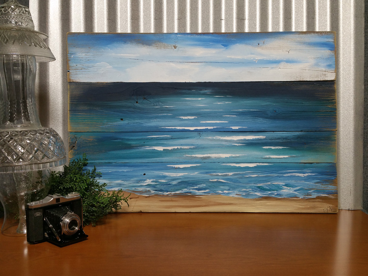 Pallet beach painting, Blue beach pallet art, Nautical Cottage decor, Hand painted mural