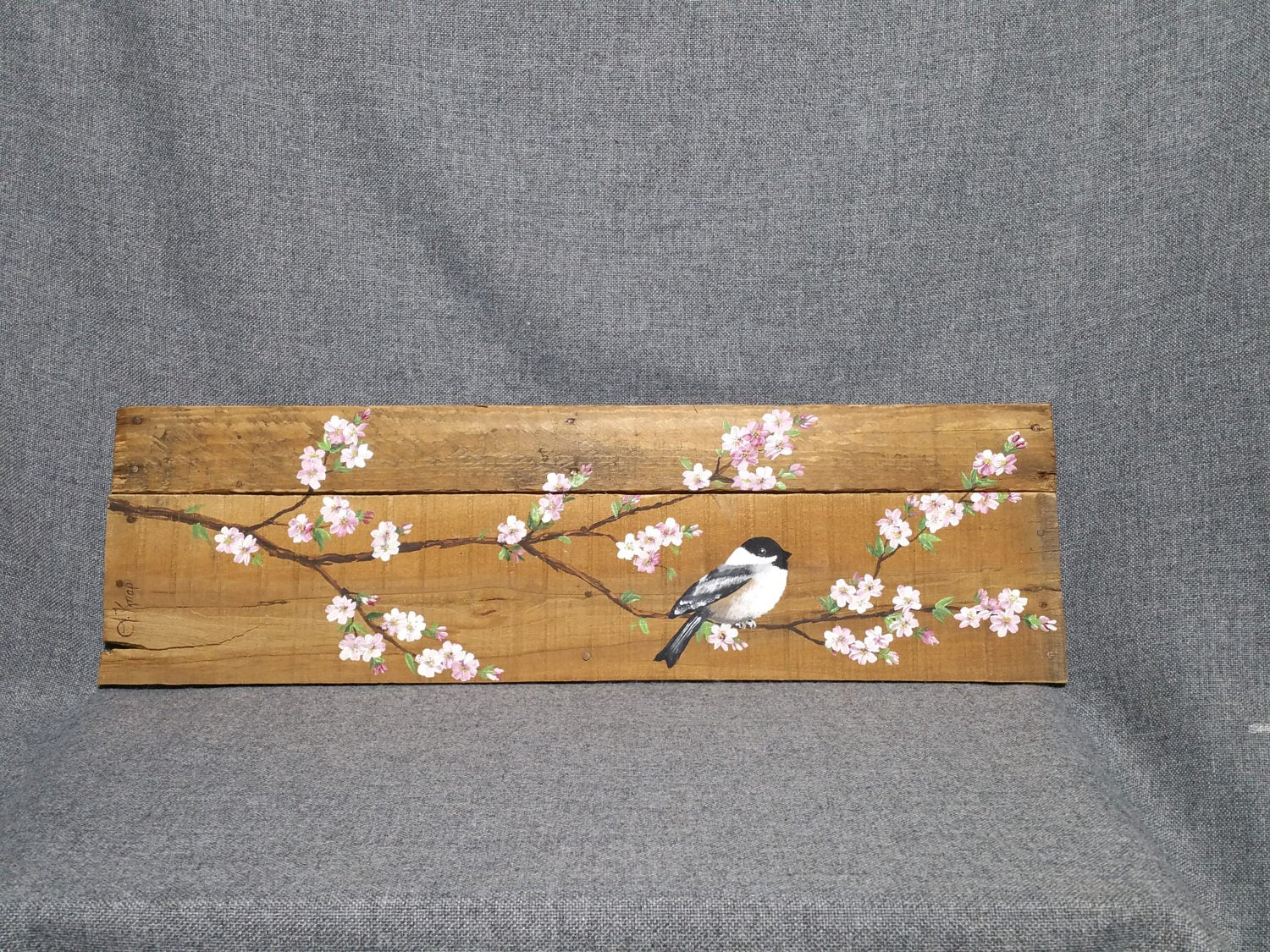Spring flower apple blossom painting on pallet wood, hand painted chickadee bird