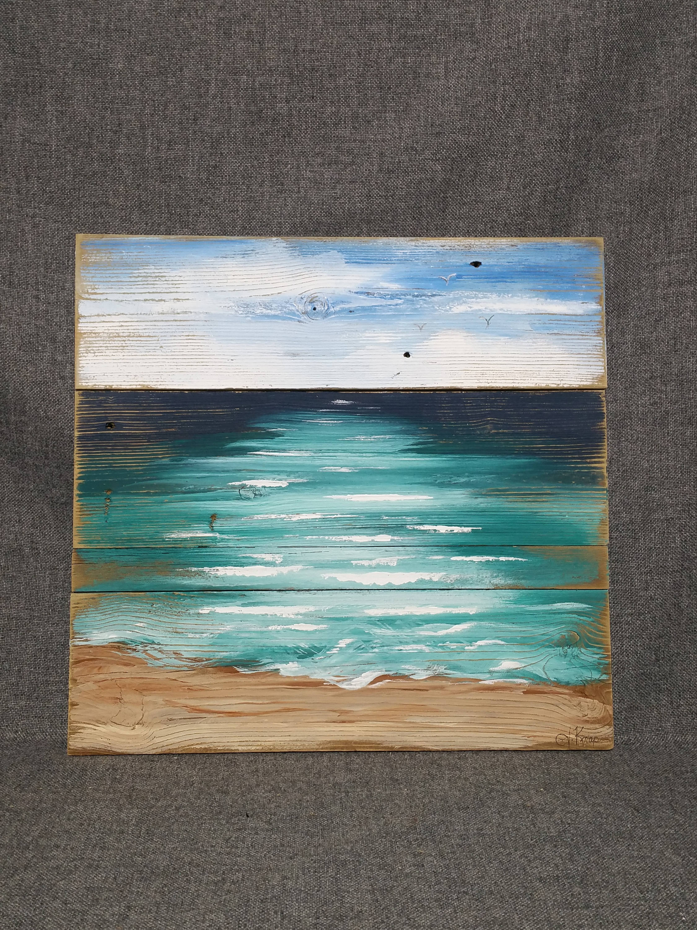 Beach Art seascape,  Hand painted Pallet art, reclaimed wood painting