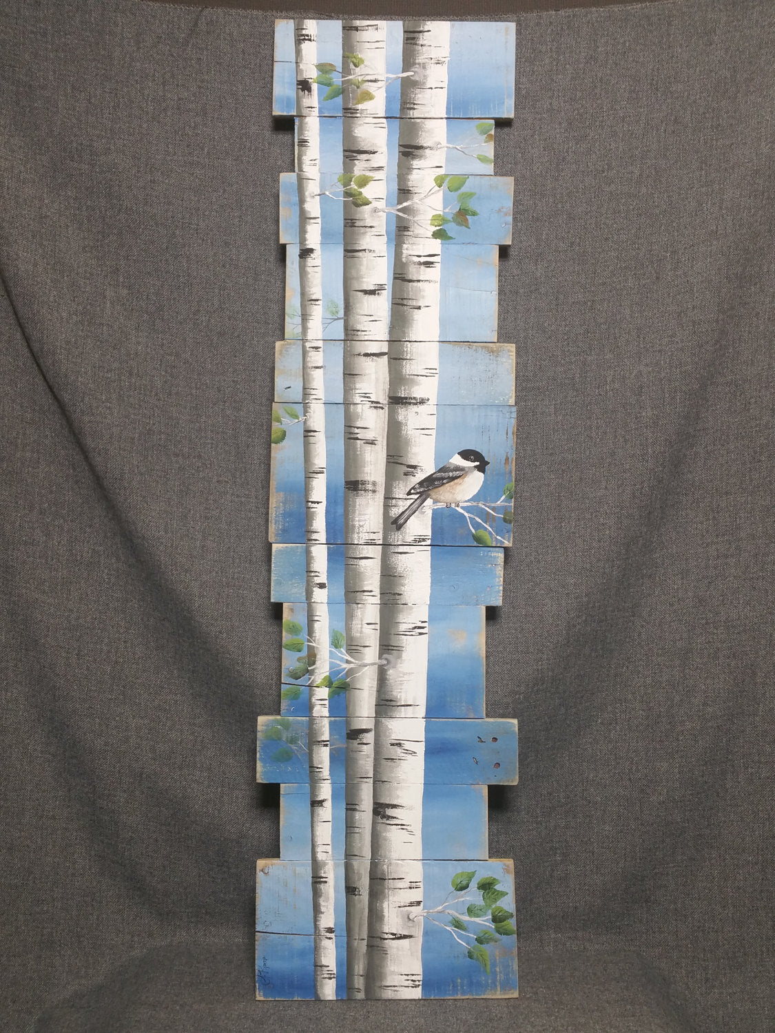 Tall White Birch Pallet painting, Pine tree Reclaimed Wood Pallet Art, hand painted Chickadee and aspen tree