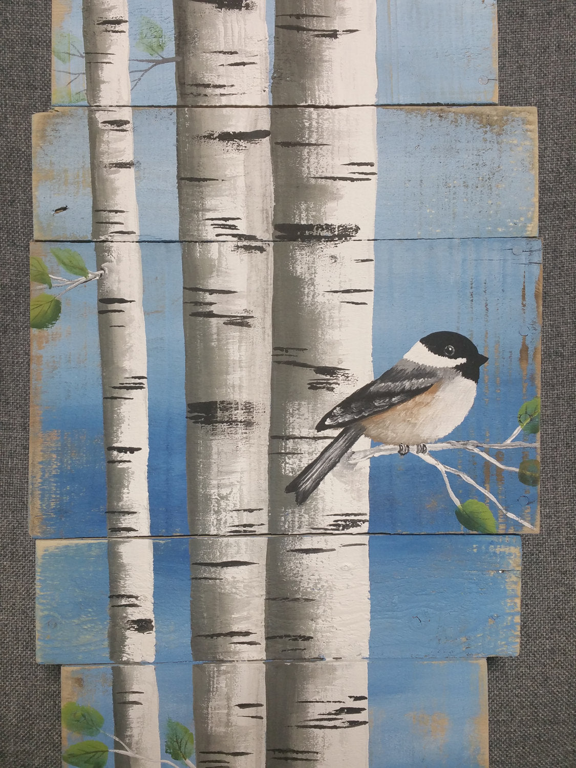 Tall White Birch Pallet painting, Pine tree Reclaimed Wood Pallet Art, hand painted Chickadee and aspen tree