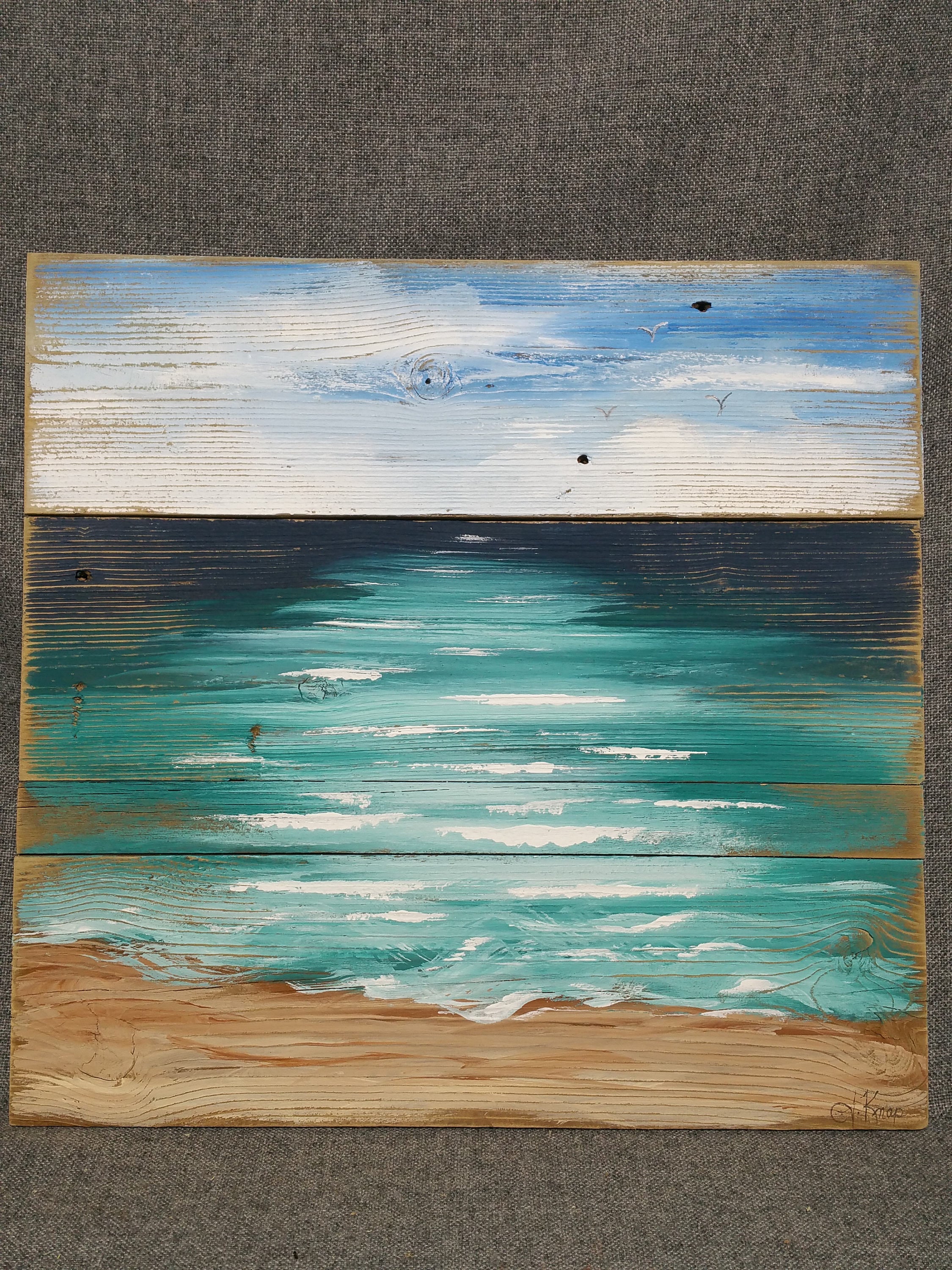 Beach Art seascape,  Hand painted Pallet art, reclaimed wood painting