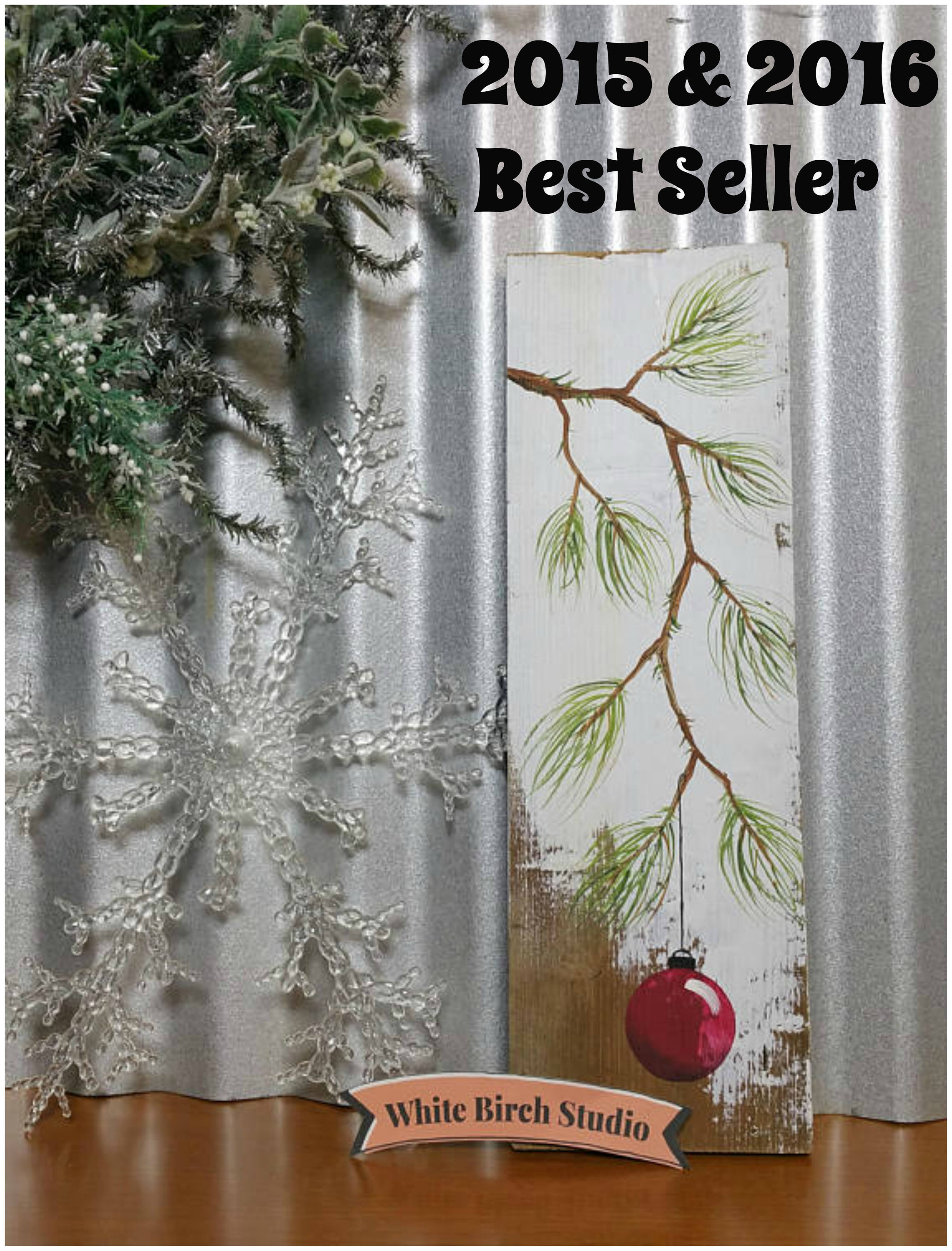 Christmas hand painted Pine branch with Turquiose bulb,  Farmhouse Christmas decor