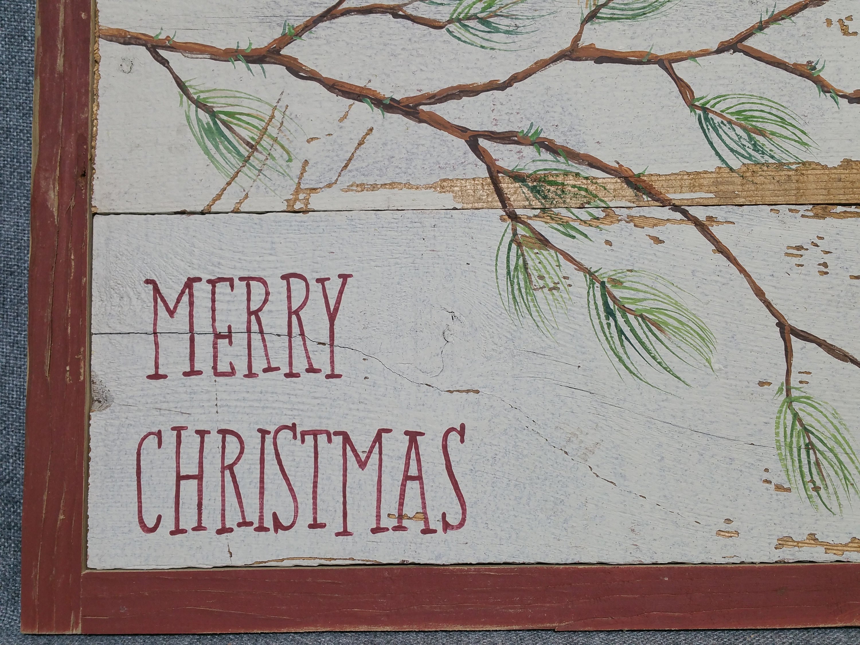 Merry Christmas hand painted pallet wood, Pine branch and red bulb vintage farmhouse