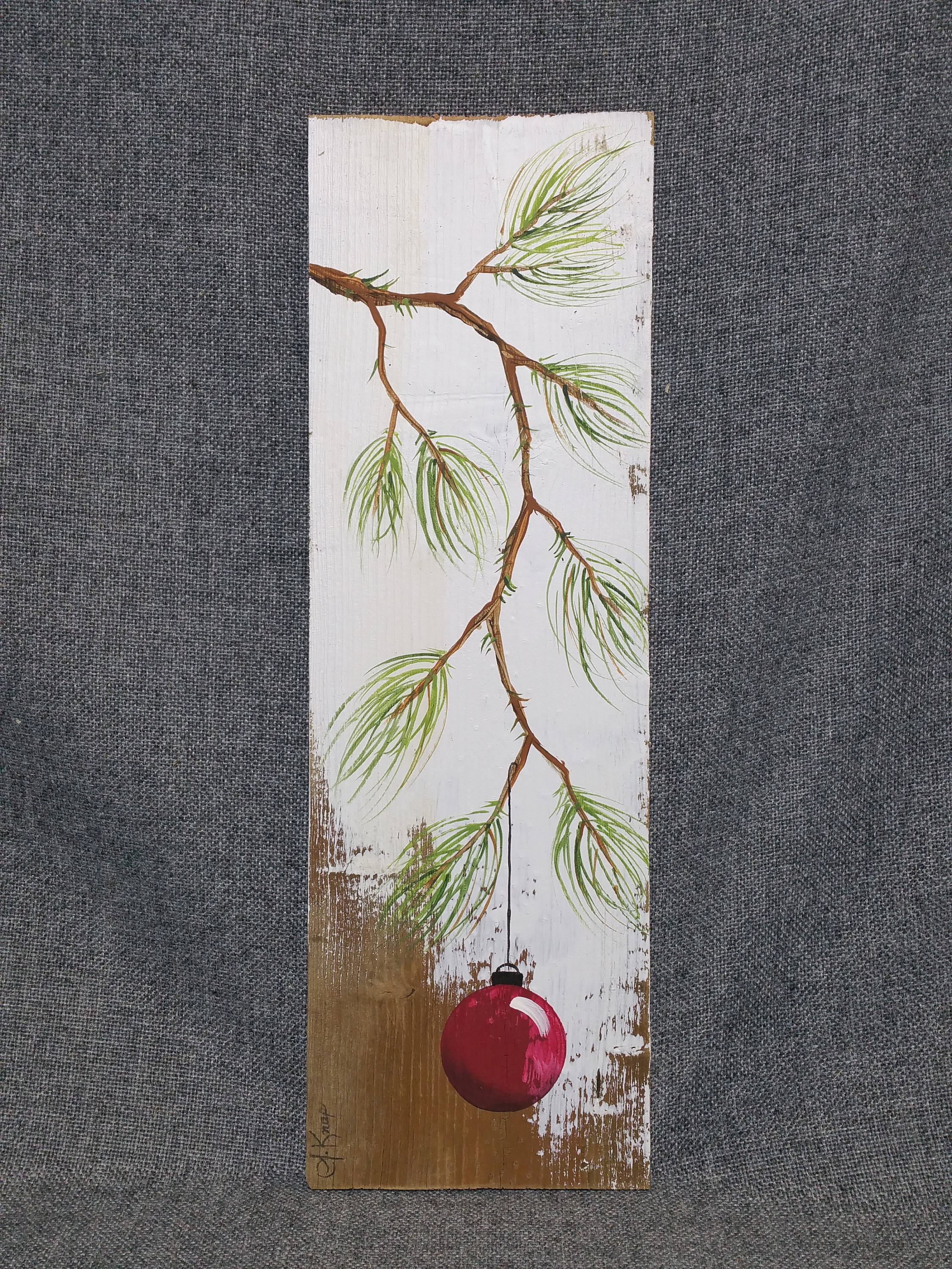 Red Christmas decoration, Hand painted Pine Branch with RED Bulb, Farmhouse white washed decor