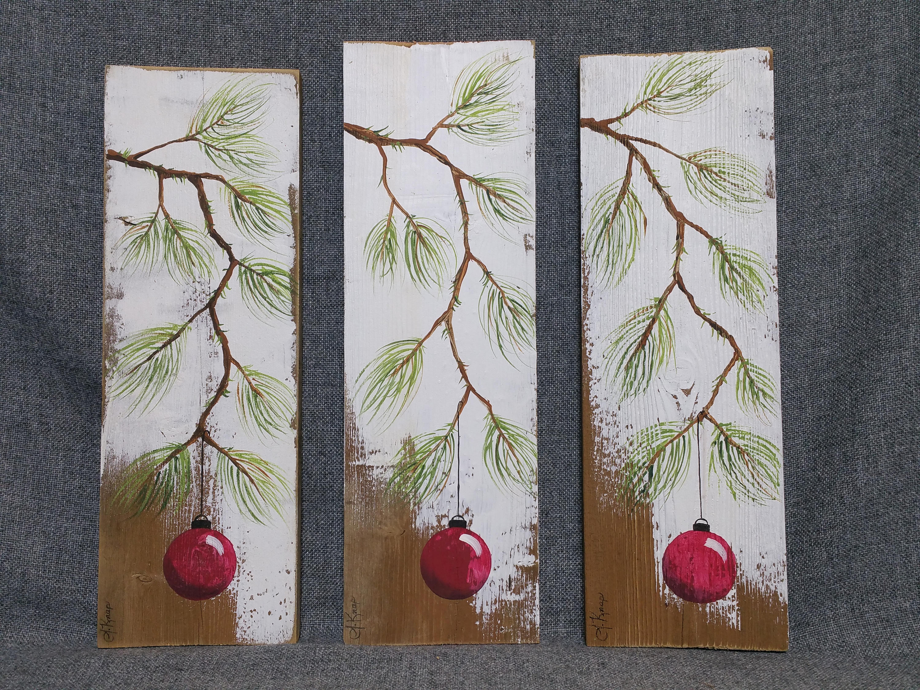 Red Christmas decoration, Hand painted Pine Branch with RED Bulb, Farmhouse white washed decor