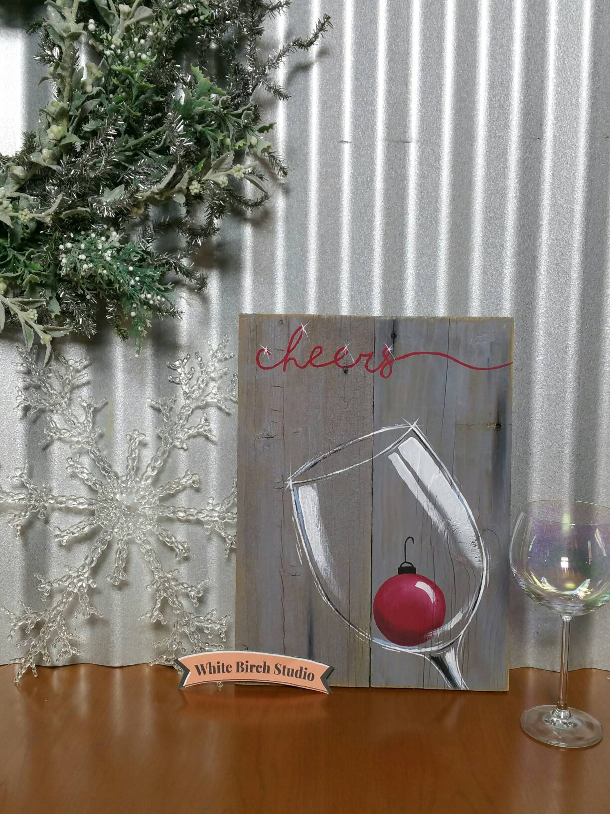 Christmas wine, hand painted Christmas pallet art, Cheers, red Christmas holiday bulb