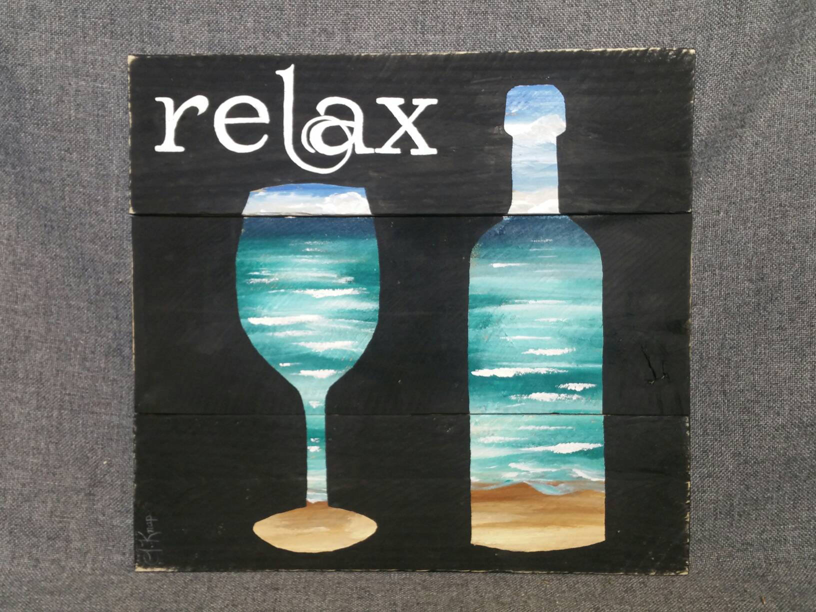 Beach & Wine word sign,  Hand painted pallet art, Relax, Nautical cottage decor