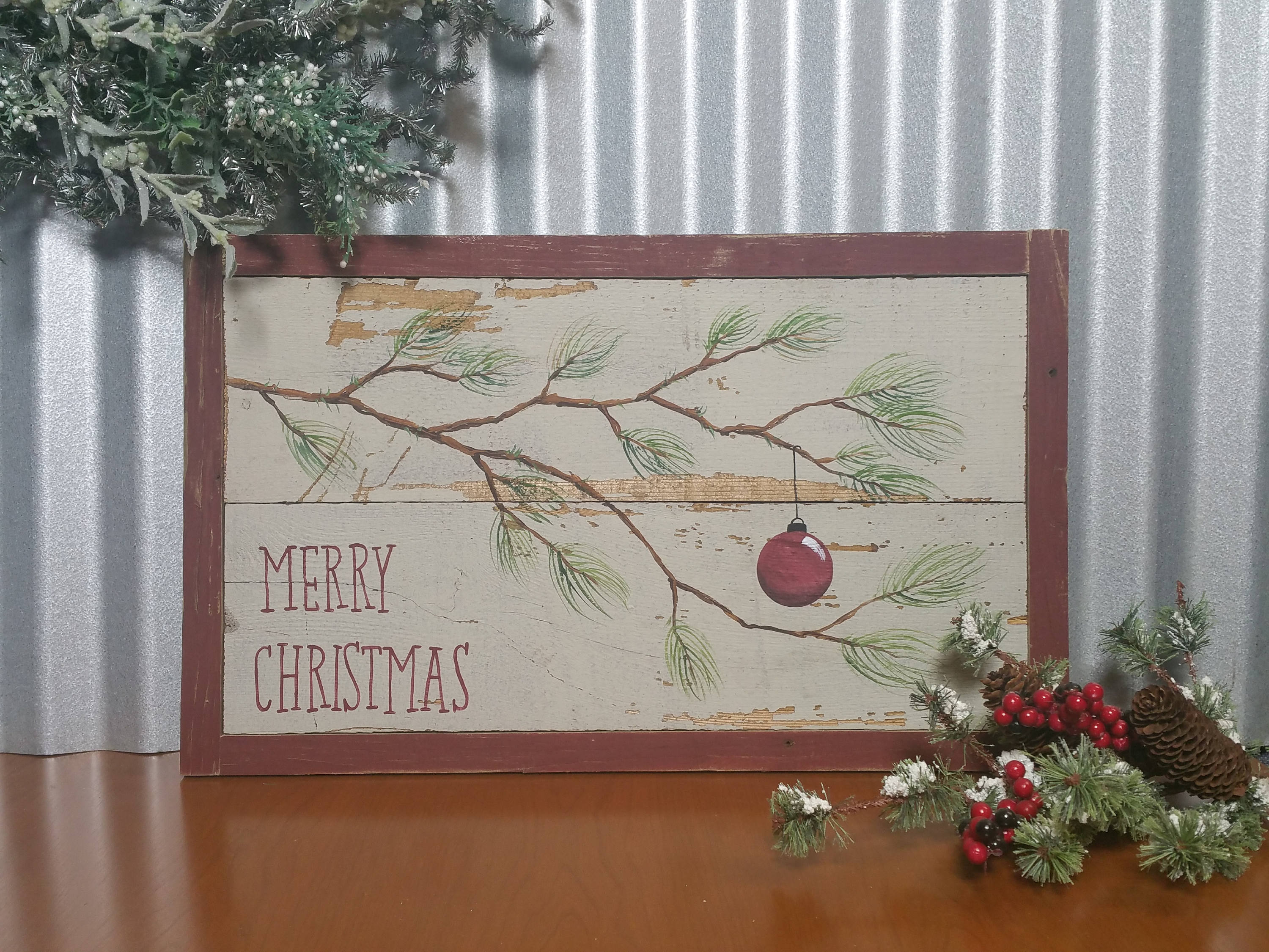 Merry Christmas hand painted pallet wood, Pine branch and red bulb vintage farmhouse