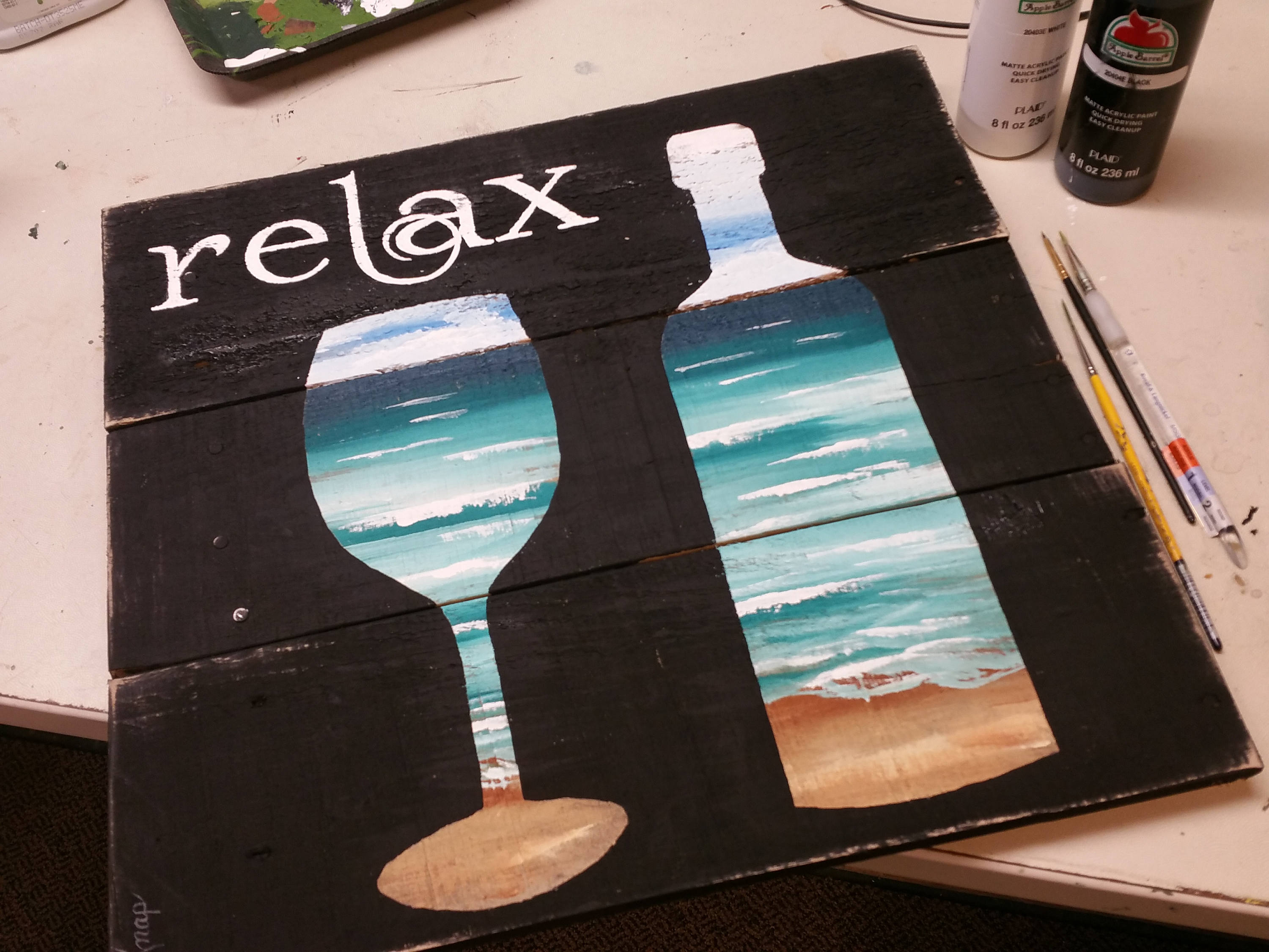 Beach & Wine word sign,  Hand painted pallet art, Relax, Nautical cottage decor