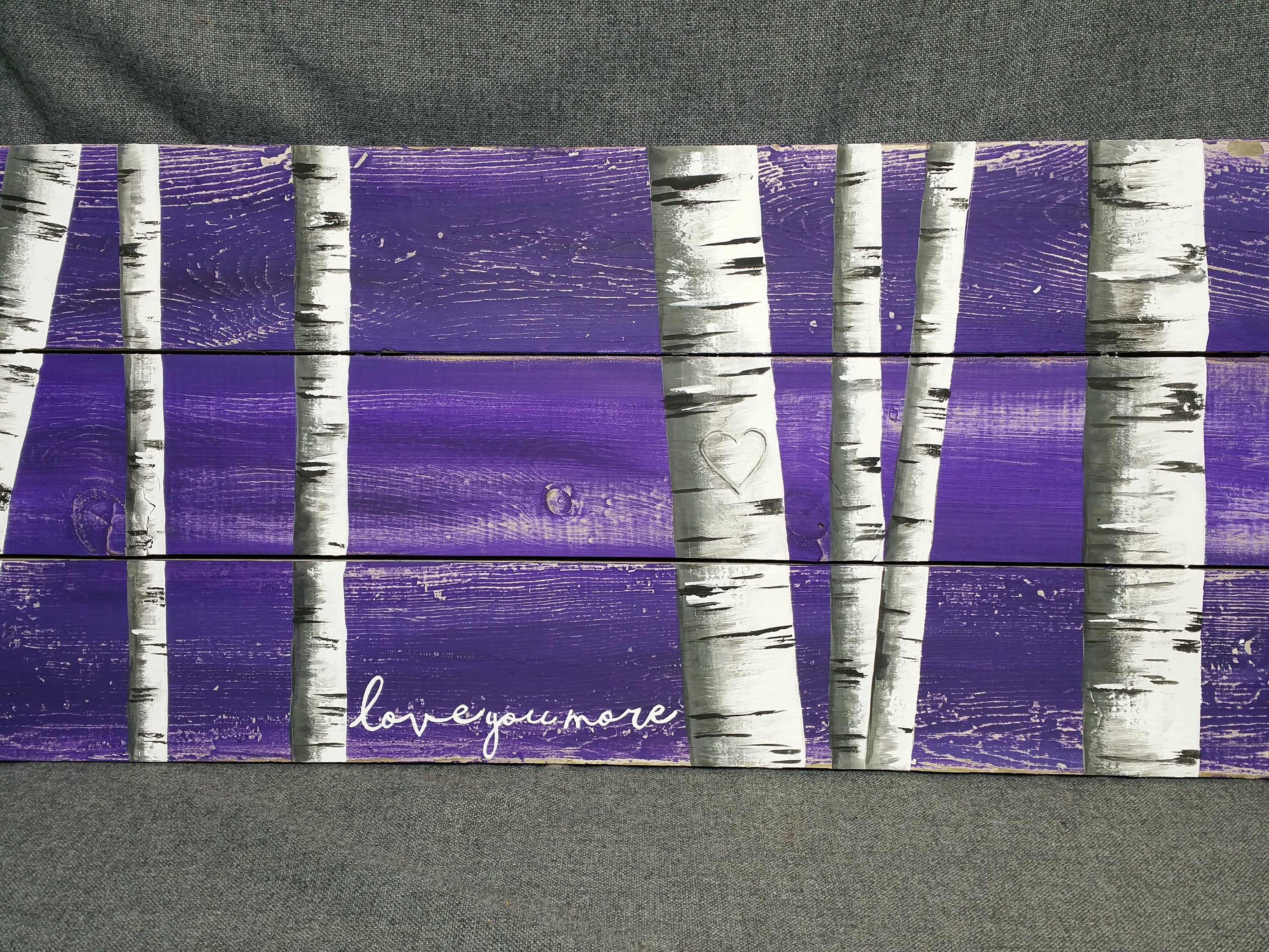 Hand painted white birch pallet art, love you more, carved heart tree, purple decor accent, couch artwork