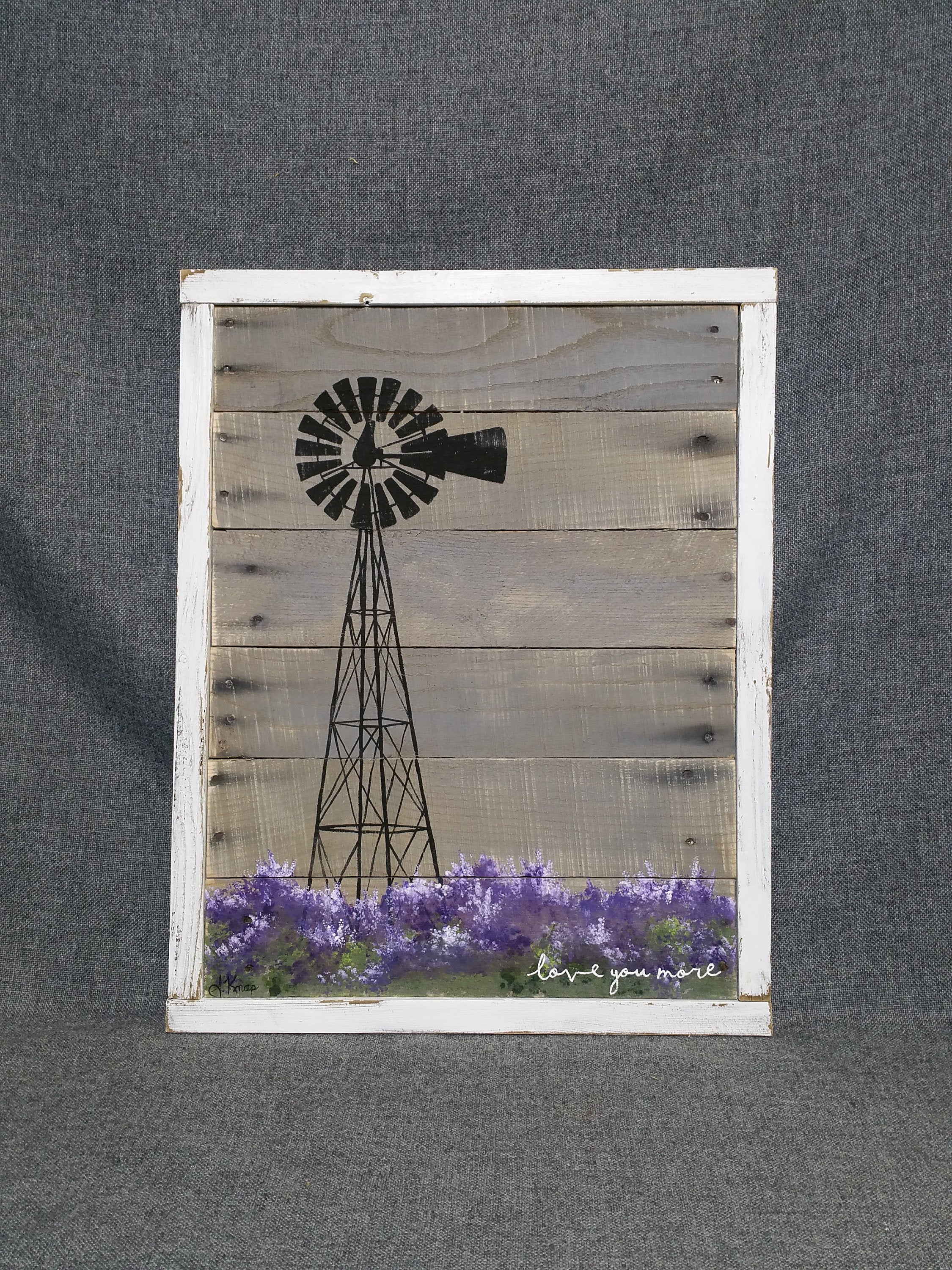 Windmill in field of lavender, hand painted pallet art, word sign with "Love you more", Farmhouse decor