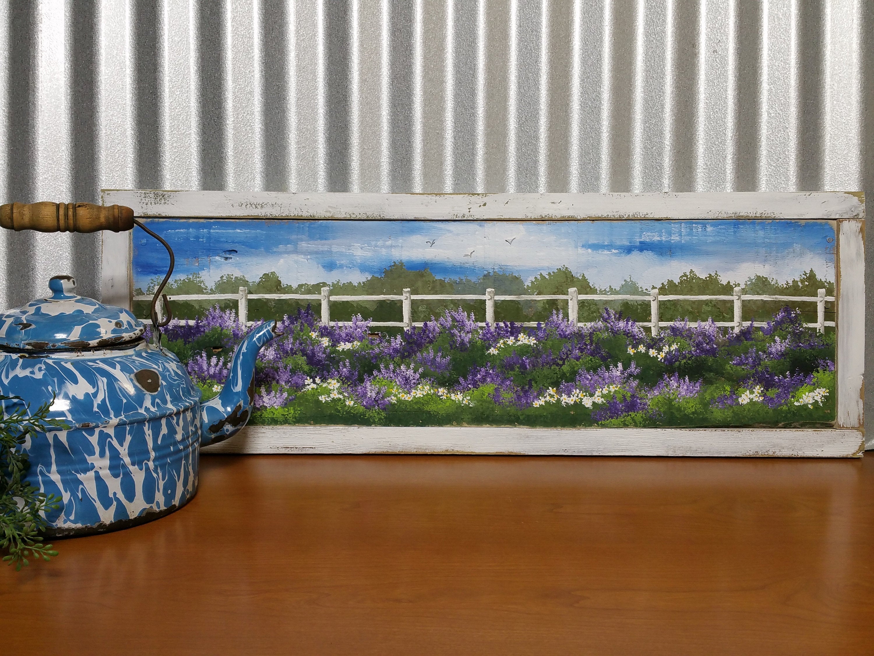 White picket fence in a Lavender and white daisy field, hand painted pallet wall art, Farmhouse decor