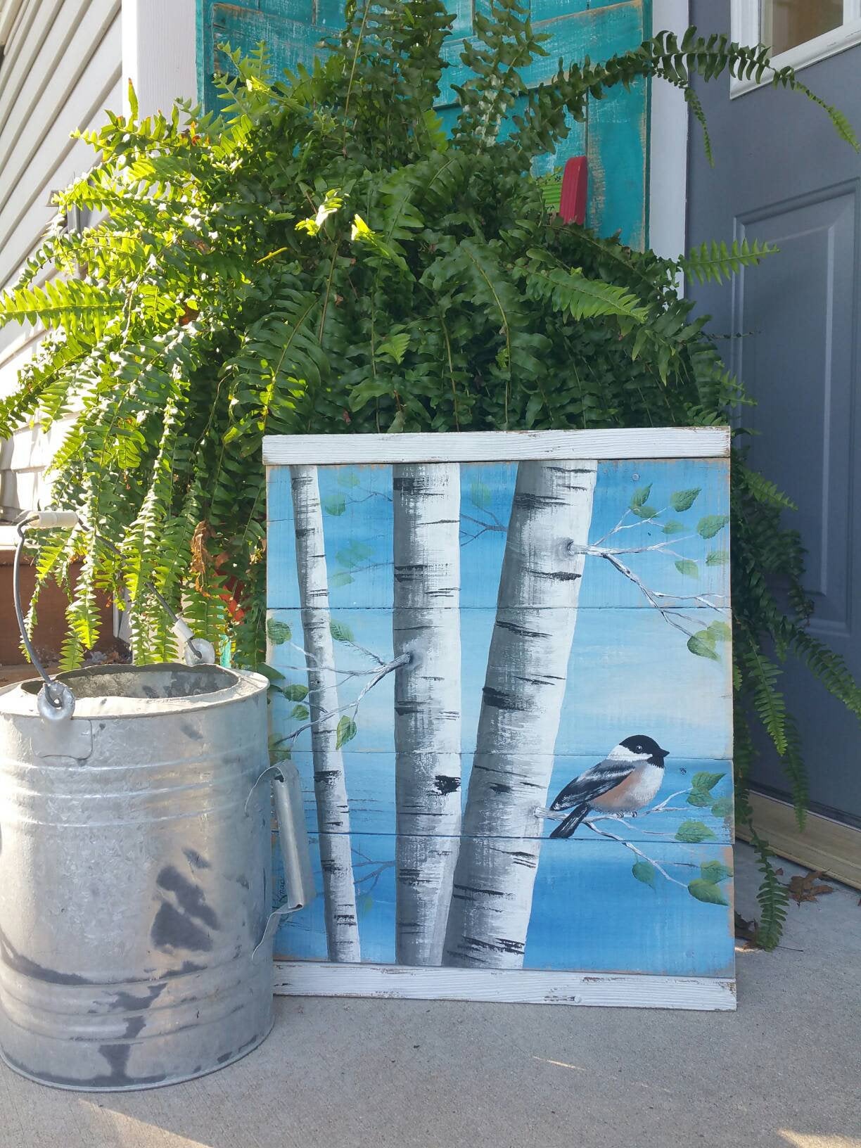 White Birch Painting pallet art, hand painted aspen trees, Chickadee with blue sky