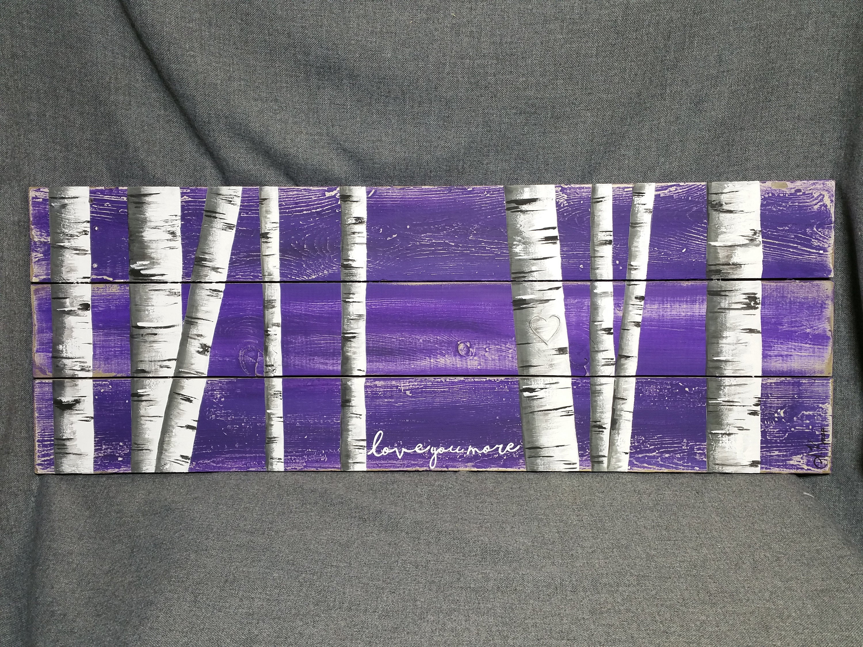 Hand painted white birch pallet art, love you more, carved heart tree, purple decor accent, couch artwork
