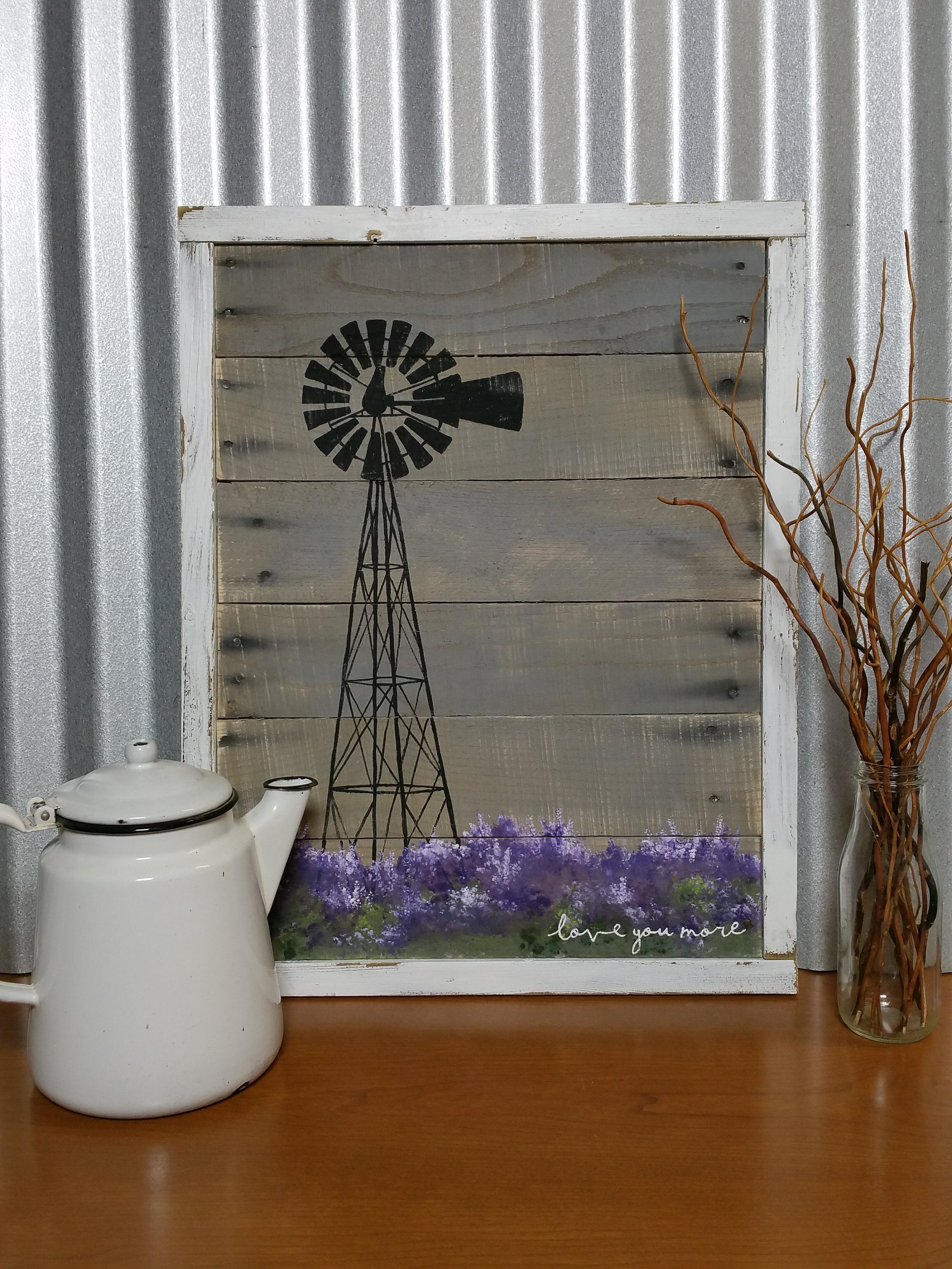 Windmill in field of lavender, hand painted pallet art, word sign with "Love you more", Farmhouse decor