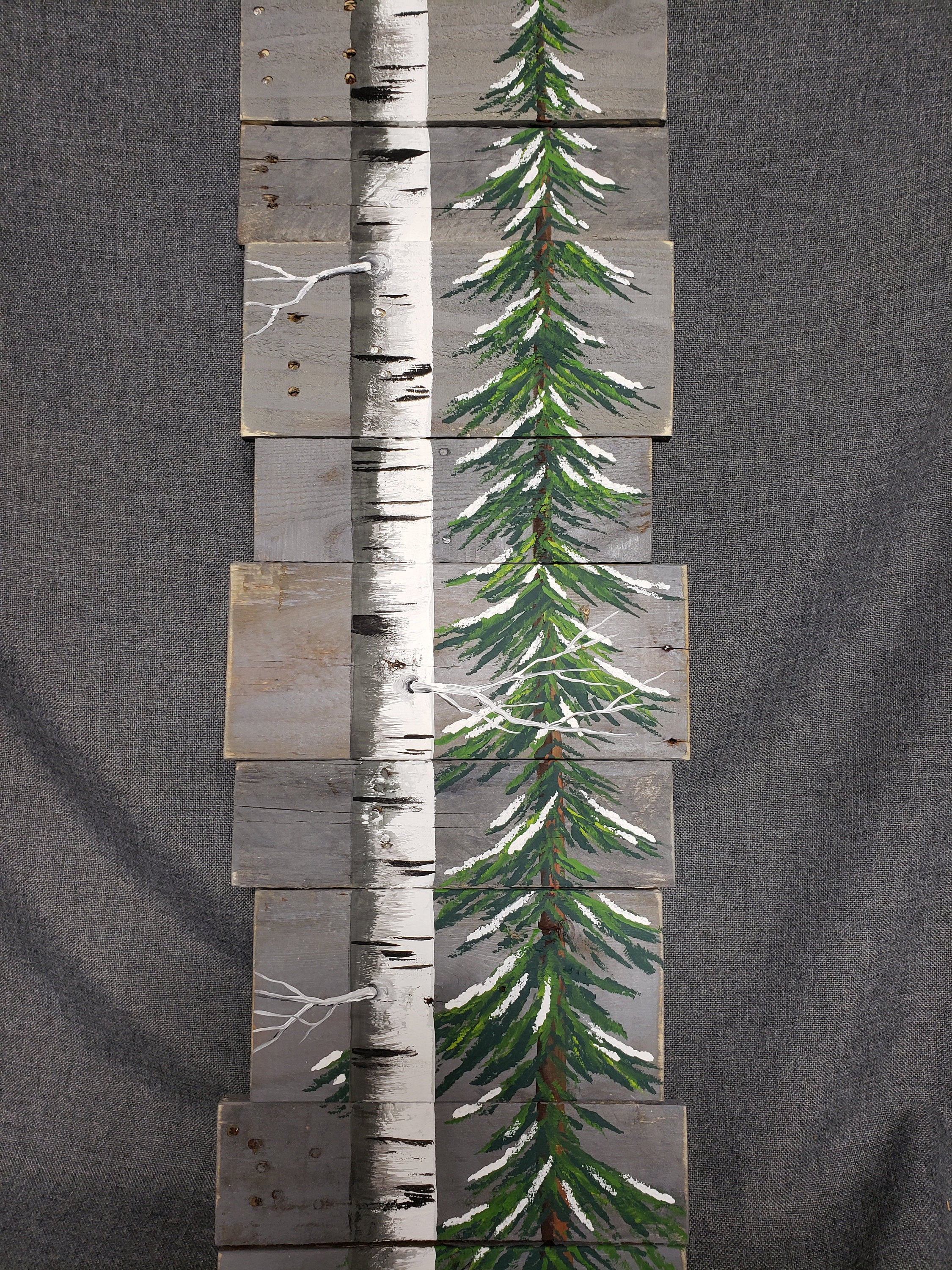 Snowy Pine tree painted on pallet wood, hand painted white birch aspen tree, Winter Cottage decor