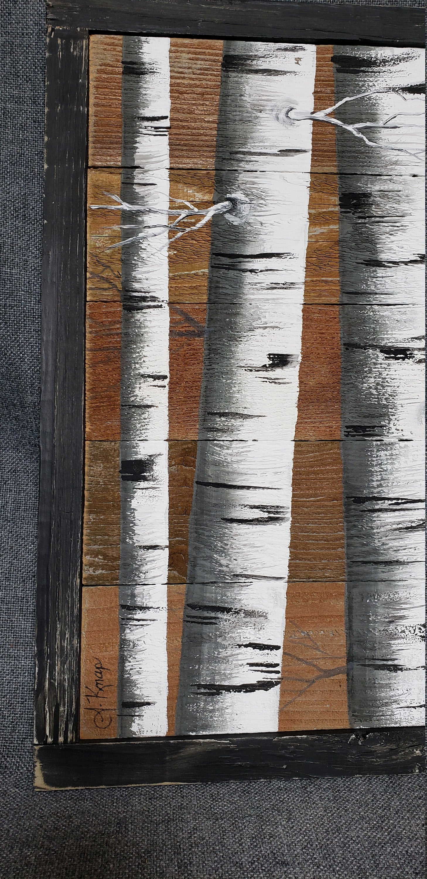 White Birch and Cardinal painting, Visitor from Heaven, Shiplap art, hand painted aspen trees
