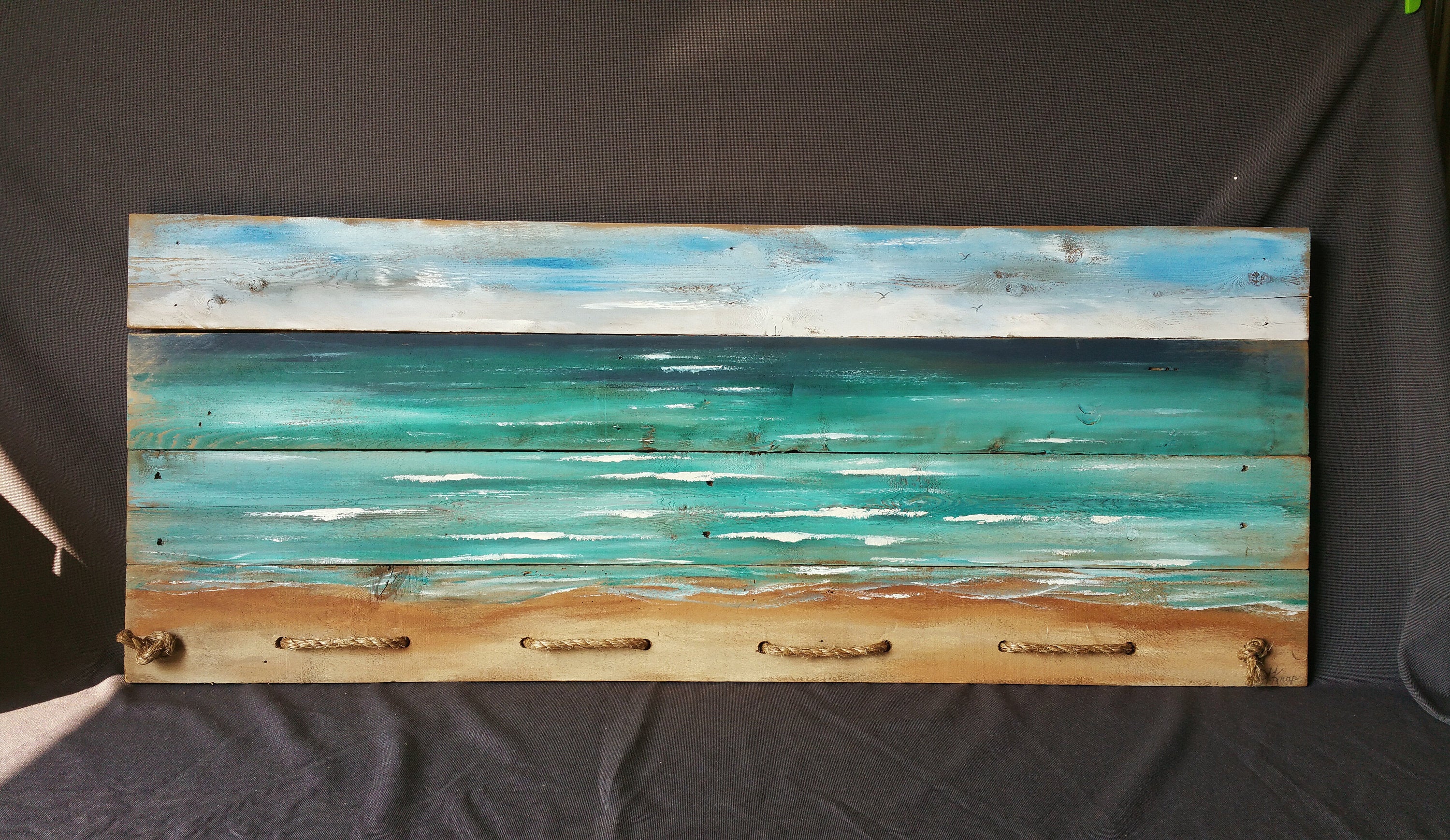 Beach Headboard Pallet art, Hand painted Rustic beach painting with rope accent,  long horizontal mural art, Large couch ocean wall art