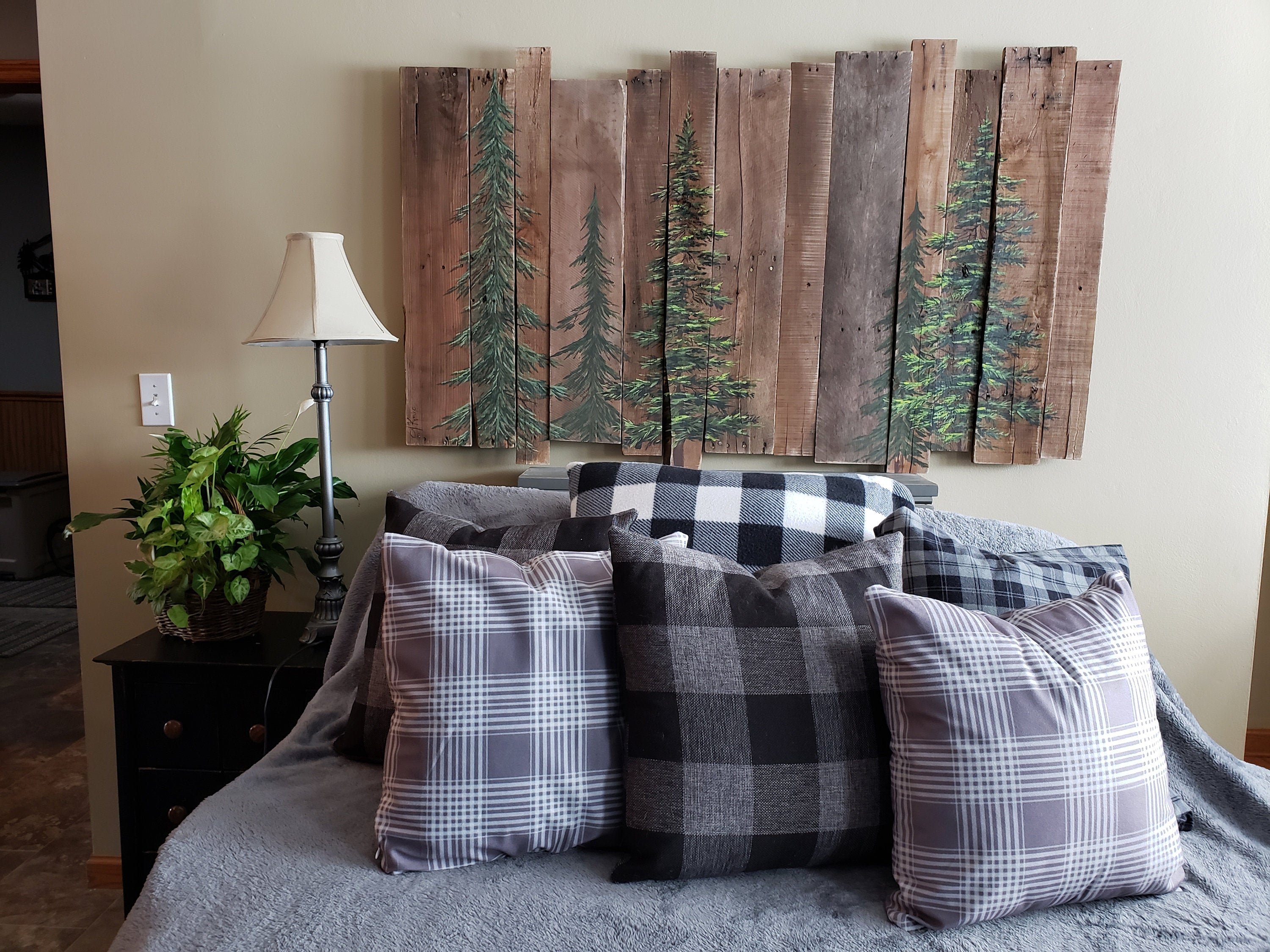 Rustic Headboard Pallet art, Man cave decor,  Large couch wall art, large pine tree painting, Horizontal art, log cabin decor