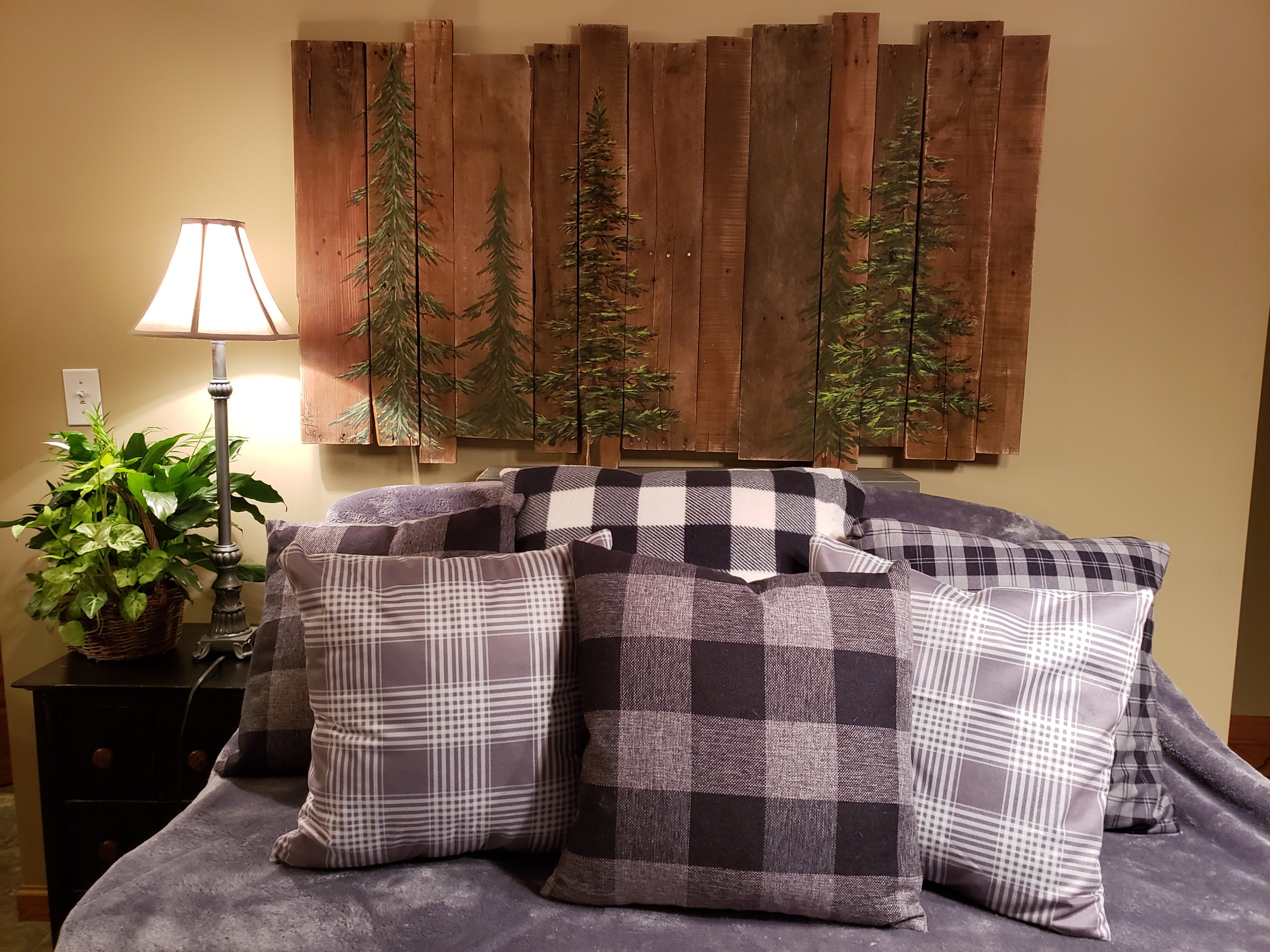 Rustic Headboard Pallet art, Man cave decor,  Large couch wall art, large pine tree painting, Horizontal art, log cabin decor