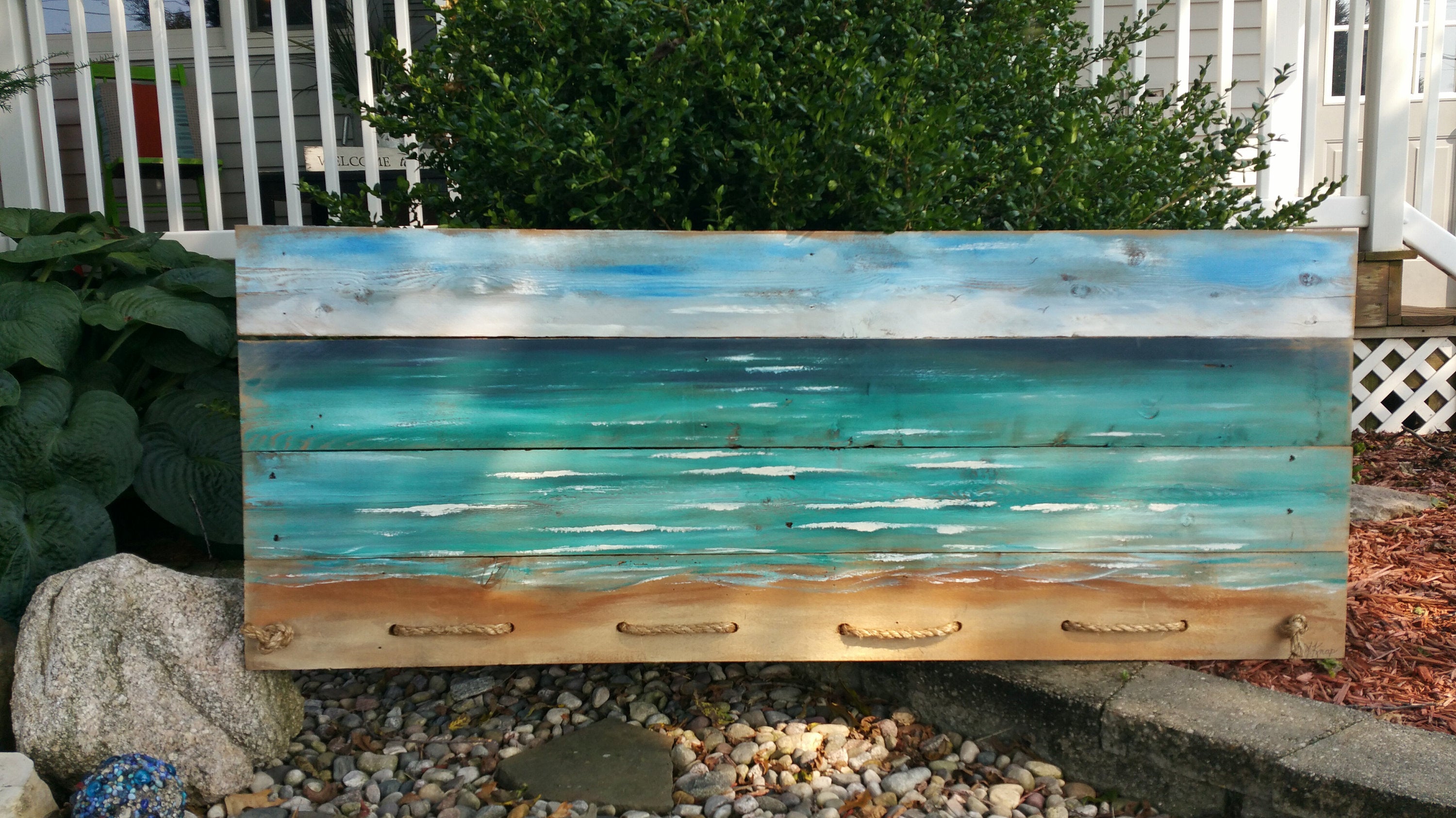 Beach Headboard Pallet art, Hand painted Rustic beach painting with rope accent,  long horizontal mural art, Large couch ocean wall art