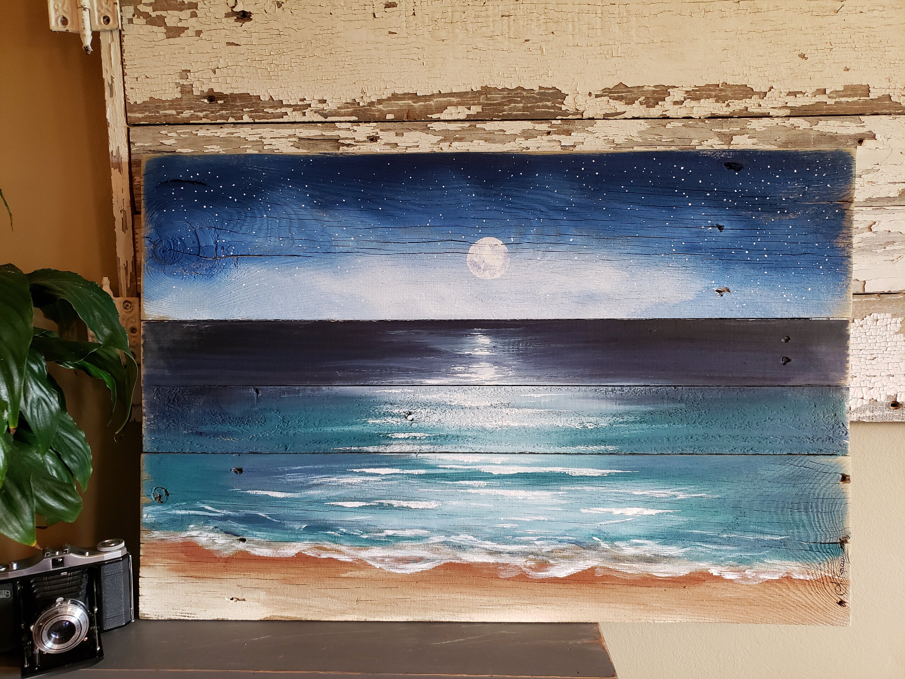 Beach painting on reclaimed pallet wood, Night sky with moon over beach, hand painted beach mural