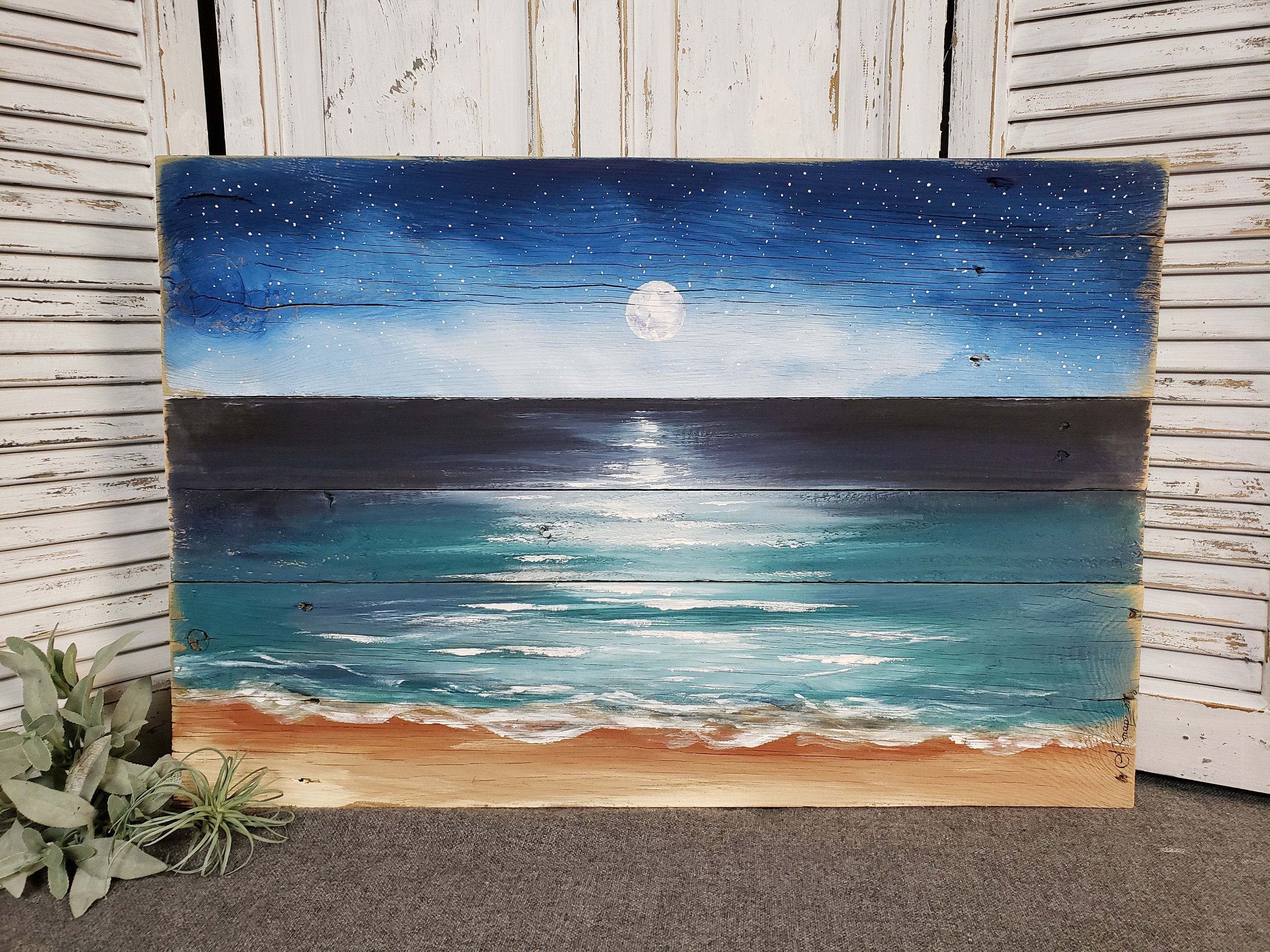 Beach painting on reclaimed pallet wood, Night sky with moon over beach, hand painted beach mural