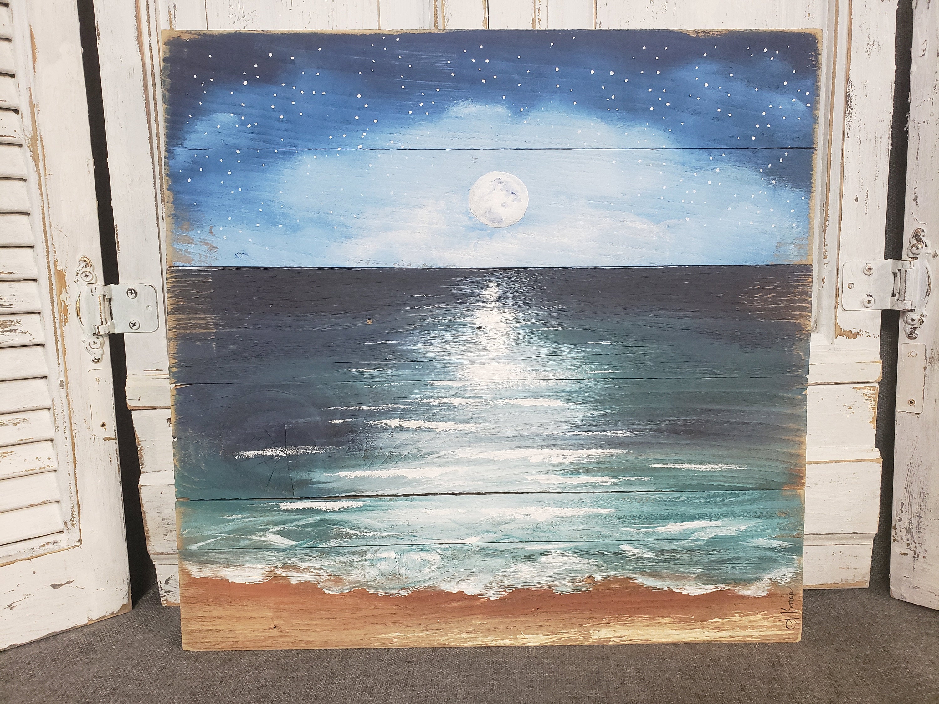 Hand Painted Beach painting,  Pallet art, Moon rise over horizon, Reclaimed wood painting