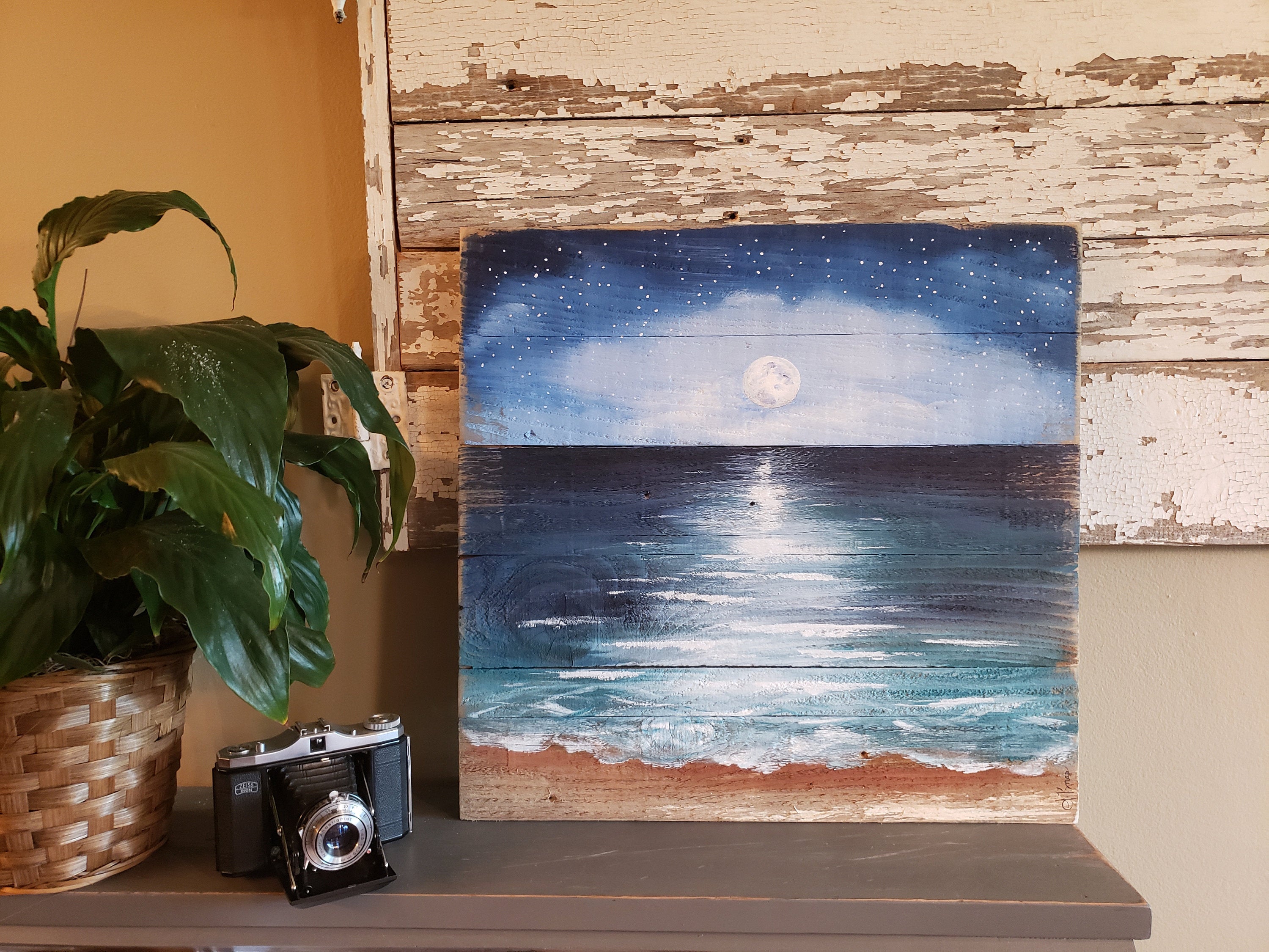 Hand Painted Beach painting,  Pallet art, Moon rise over horizon, Reclaimed wood painting