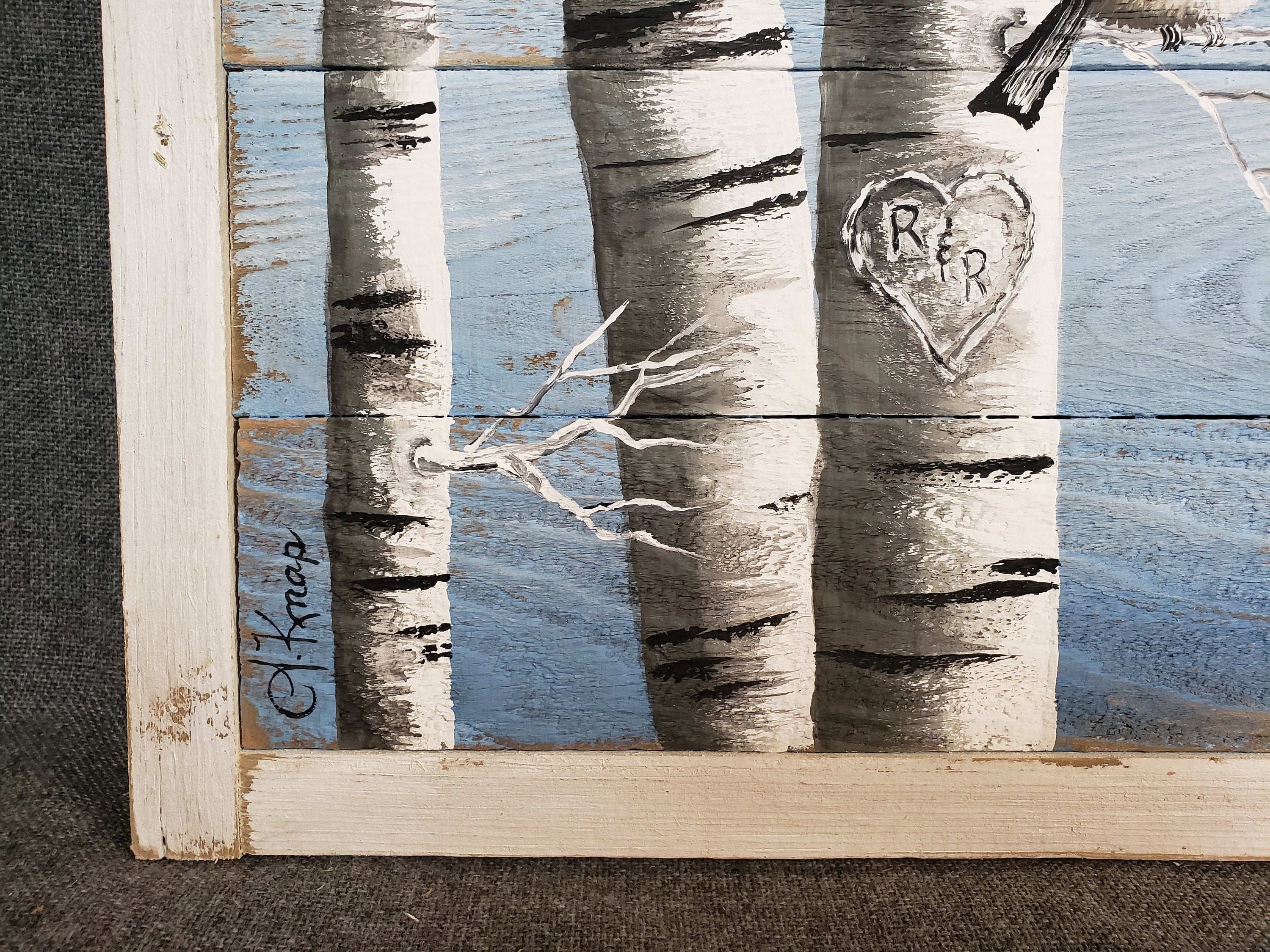 Romantic Wedding White Birch Painting gift, carved heart in aspen tree with birds on a branch, Pallet wood wall art