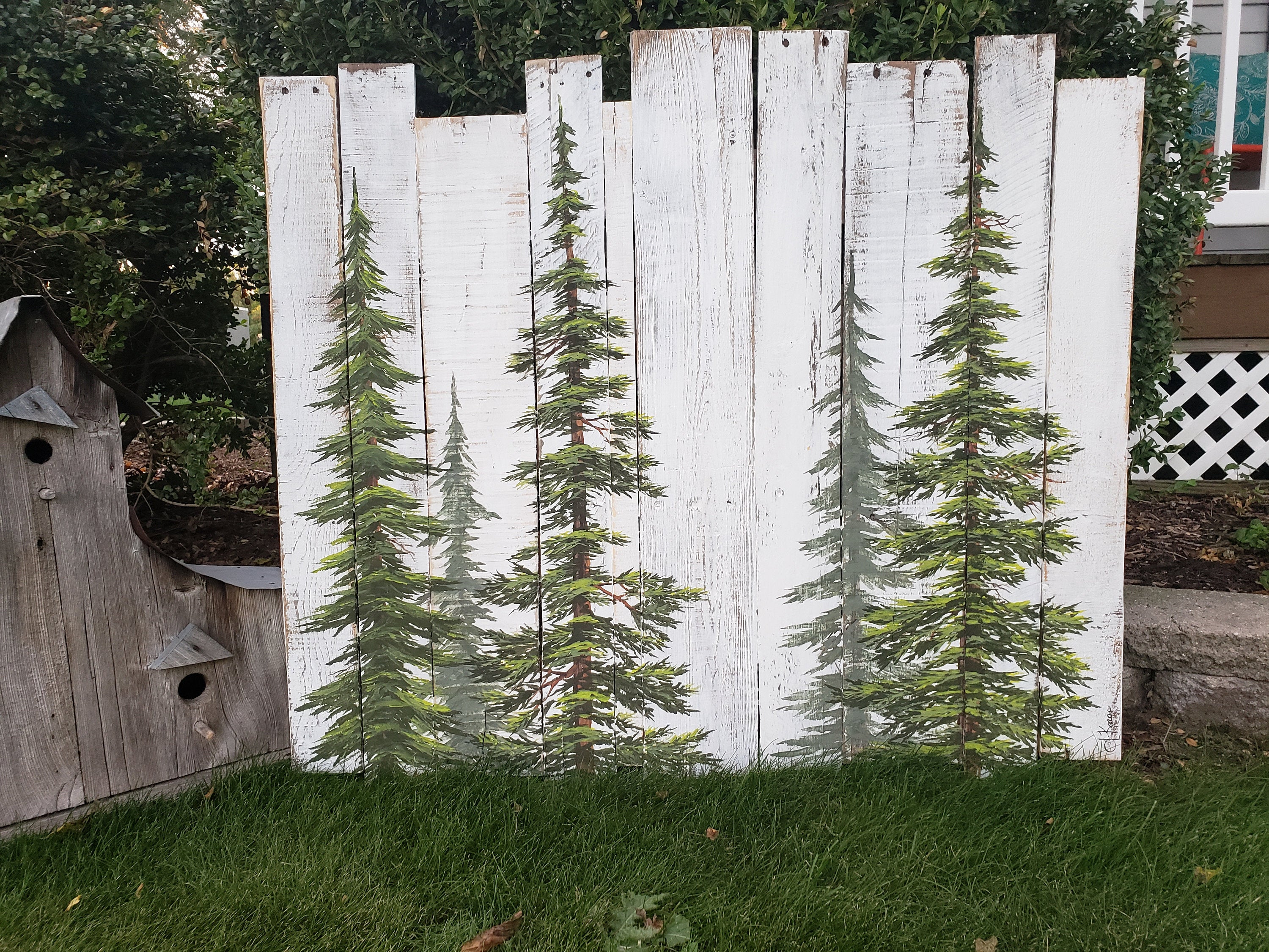 Hand painted pine trees on farmhouse white washed Pallet wood, Headboard Art, Couch art
