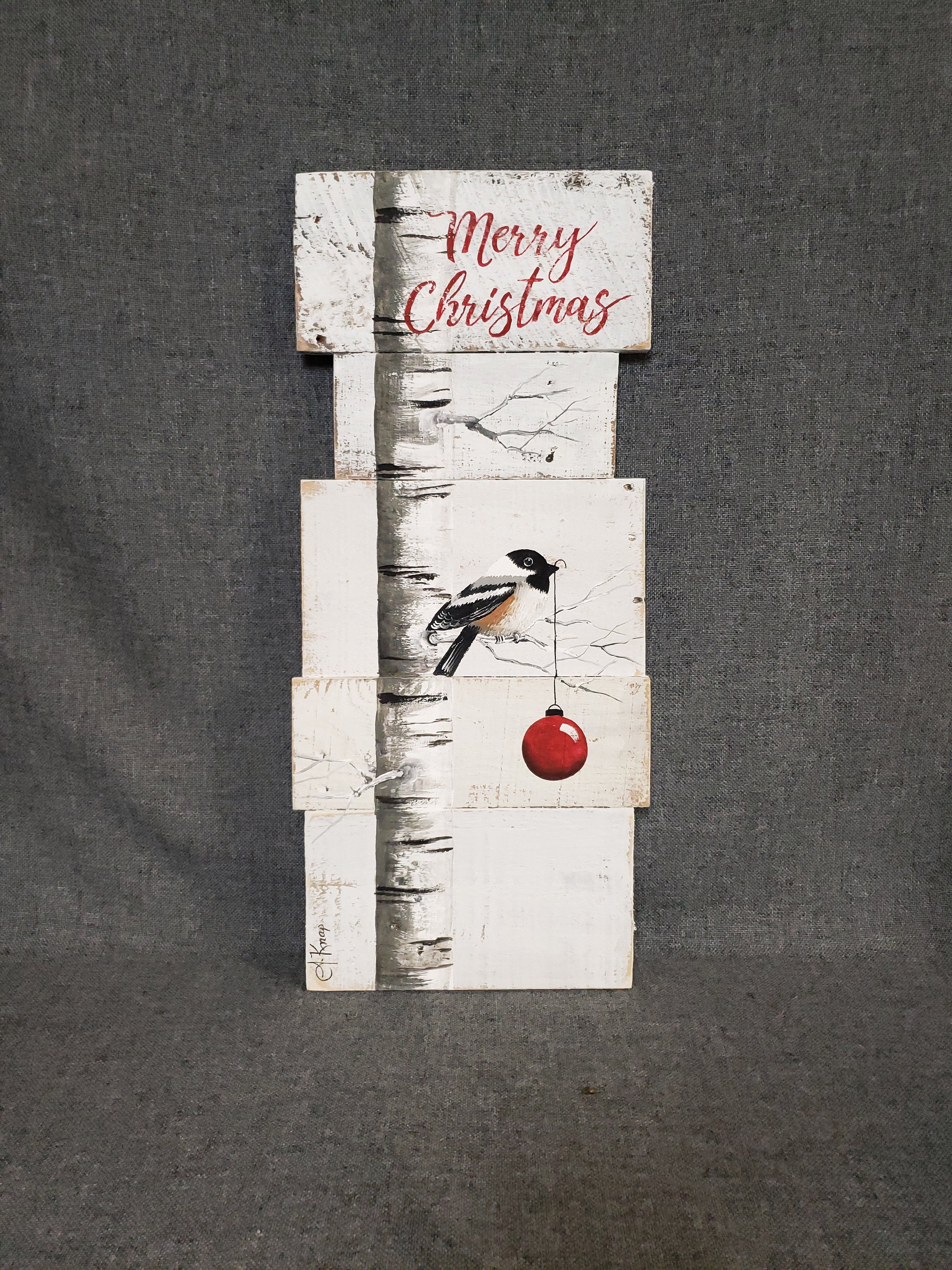 Christmas white birch painting on pallet wood, hand painted Chickadee, Holiday word sign, Farmhouse white wash decor