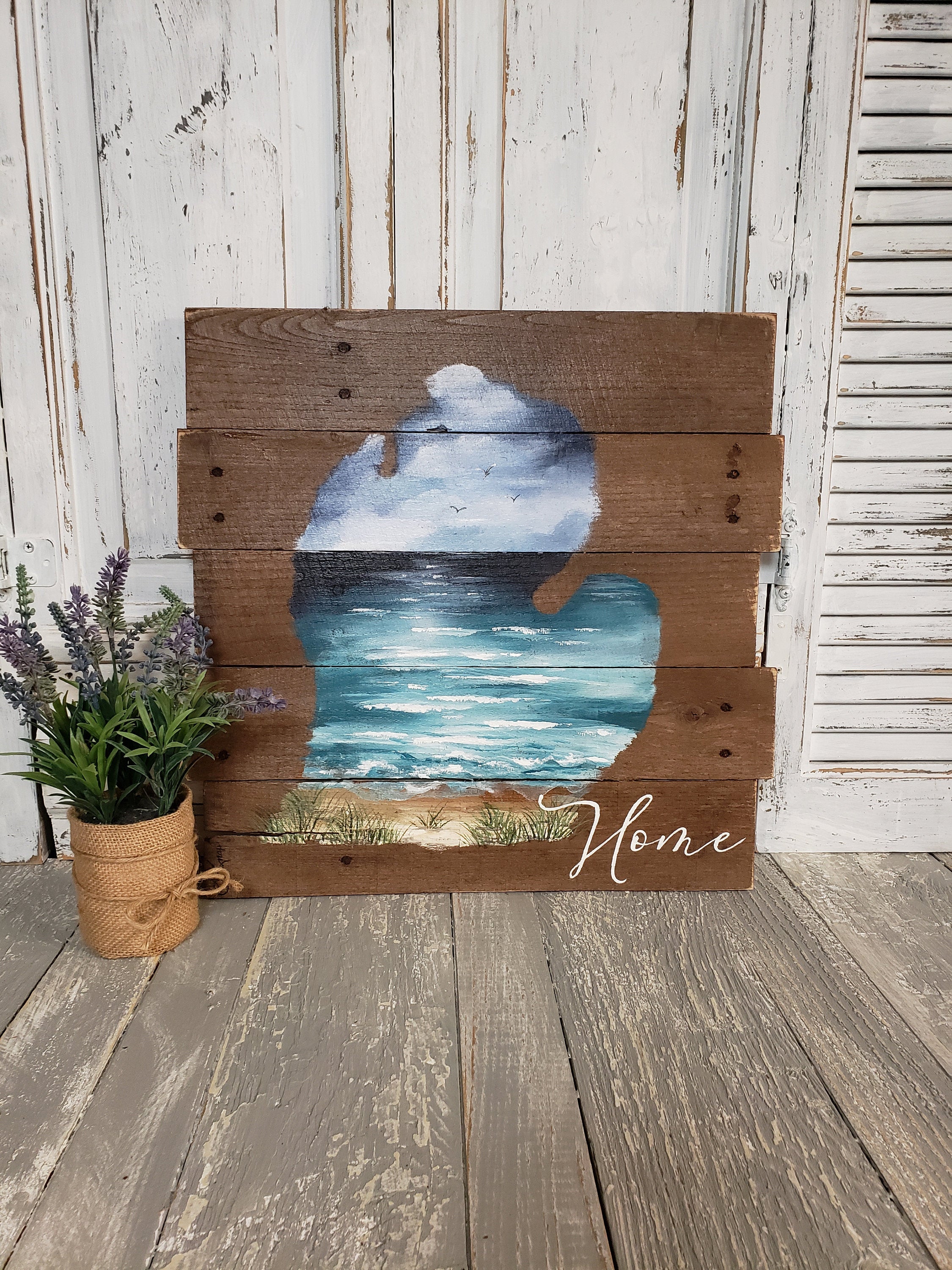 State of Michigan beach painting on pallet wood, Pure Michigan, hand painted home word sign