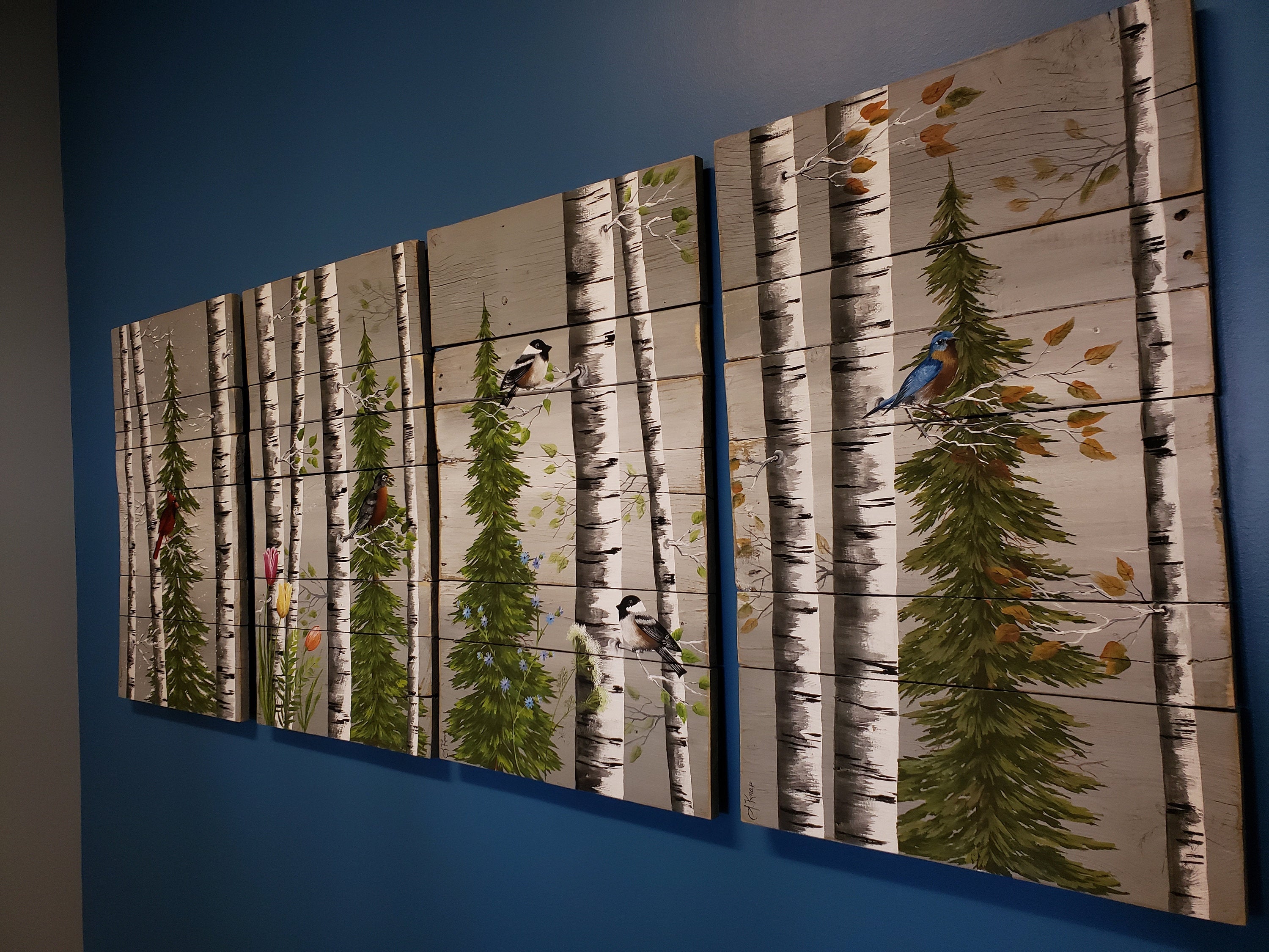Large Couch living room art grouping, 4 Seasons paintings, white birch Paintings on pallet wood