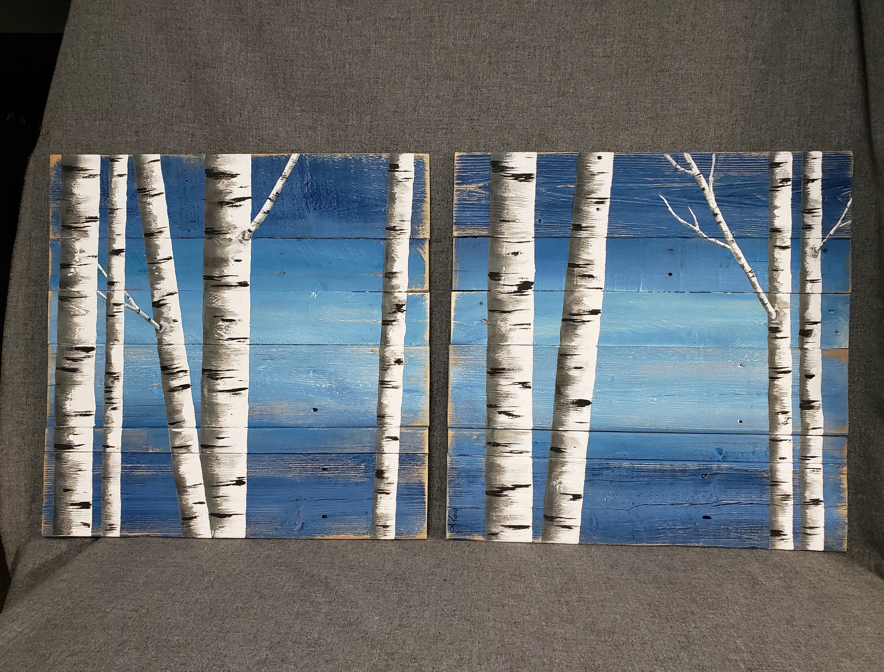 Sky blue white birch Painting on Pallet wood, 2 Piece set, Hand Painted aspen trees, couch artwork