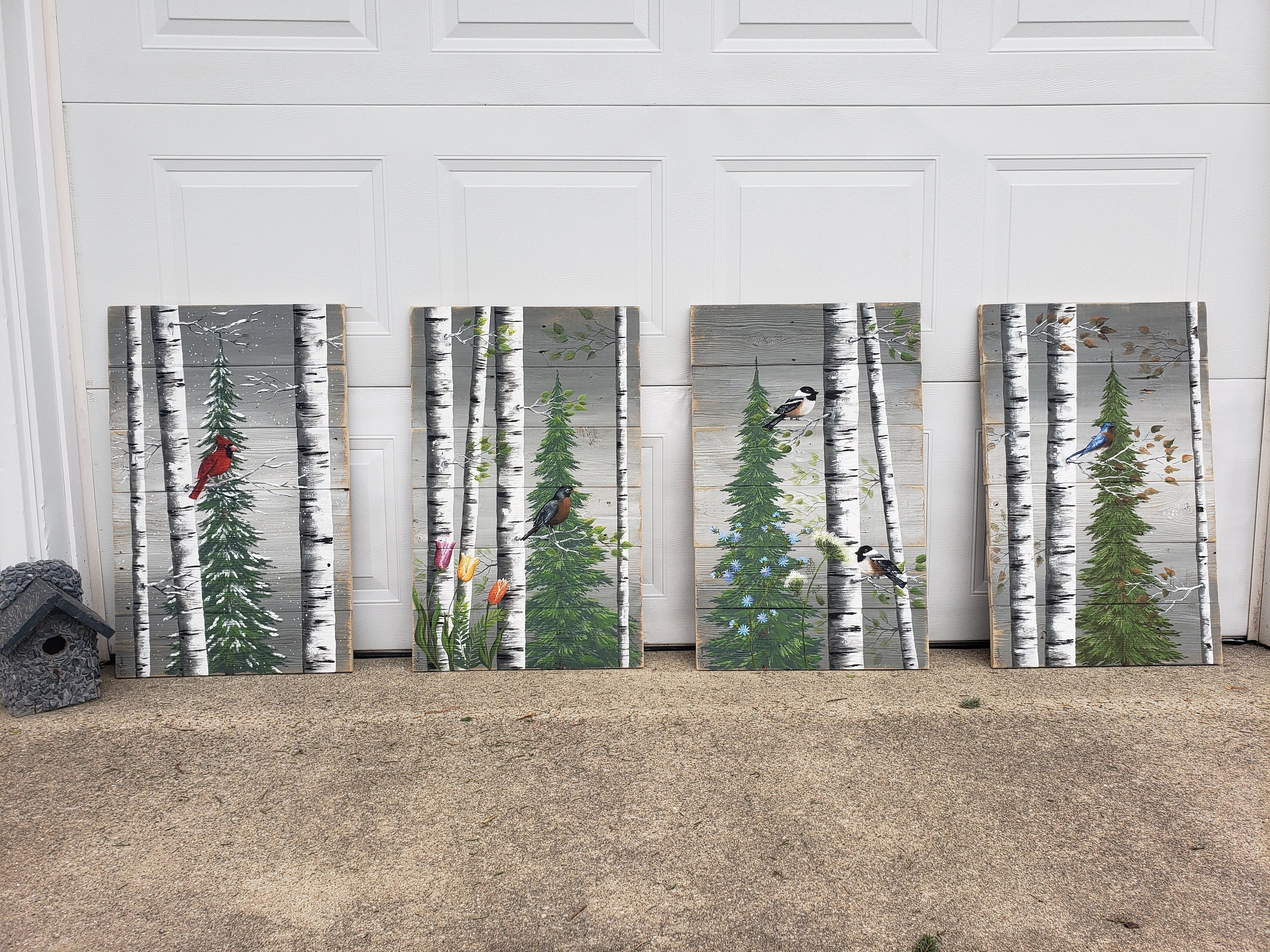 Large Couch living room art grouping, 4 Seasons paintings, white birch Paintings on pallet wood