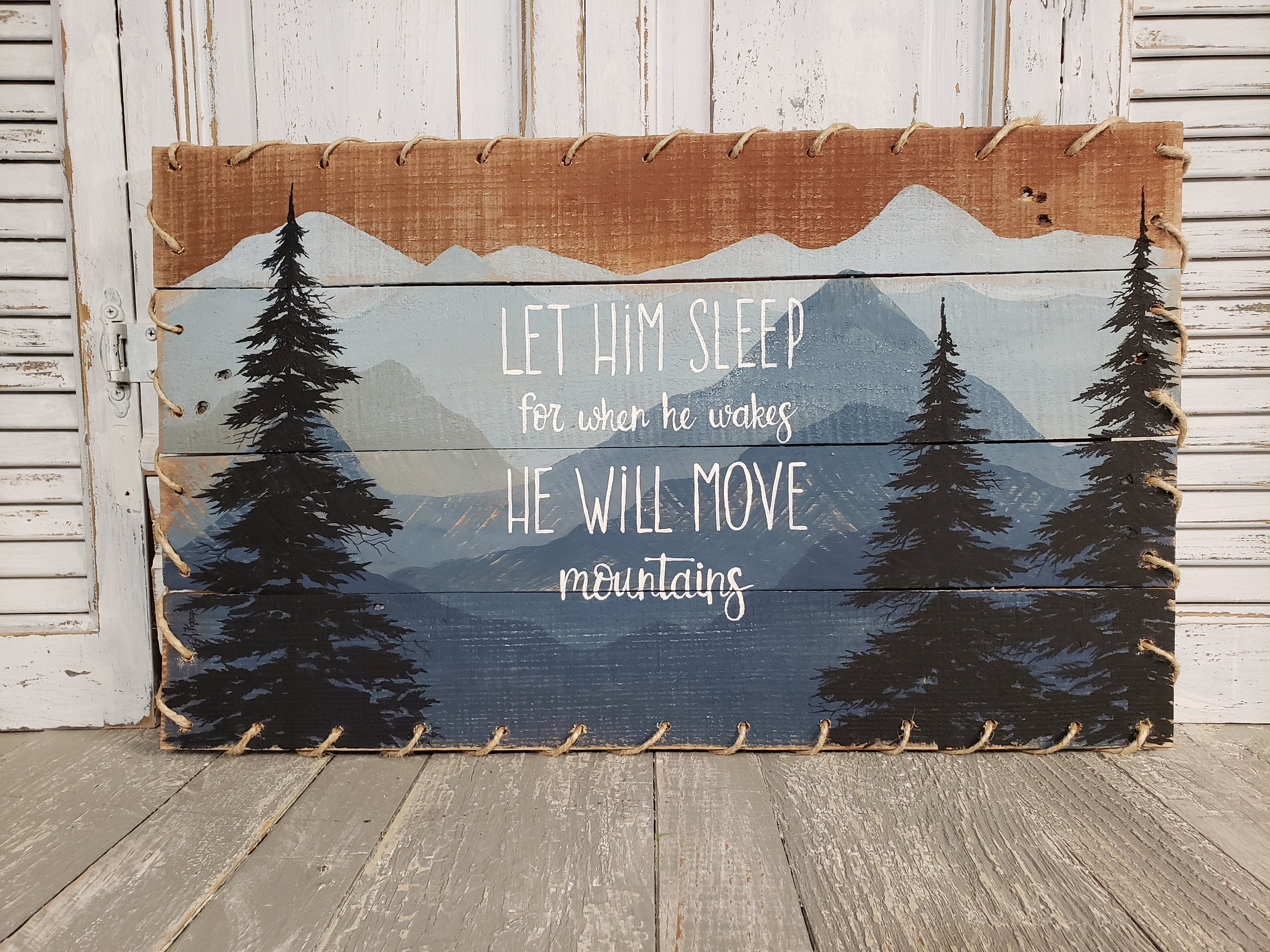 Boy Mountain Nursery wall decor, Hand painted blue mountains on pallet wood, Let him sleep, Mountain wild nature nursery