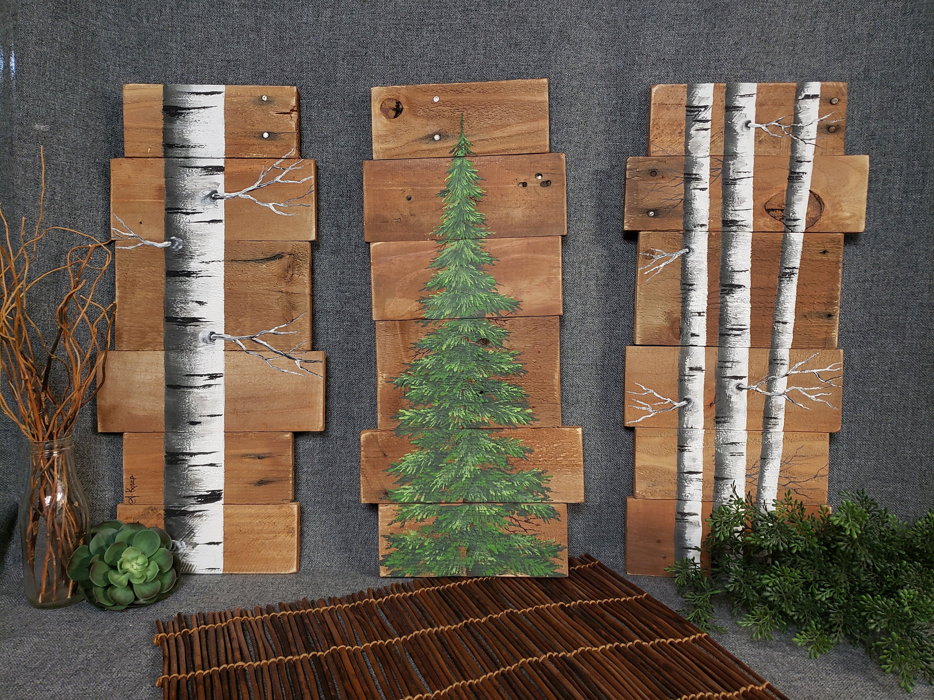 Hand painted white birch 3 Piece set on pallet wood, evergreen pine tree and aspen trees, couch art