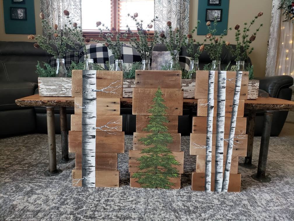 Hand painted white birch 3 Piece set on pallet wood, evergreen pine tree and aspen trees, couch art