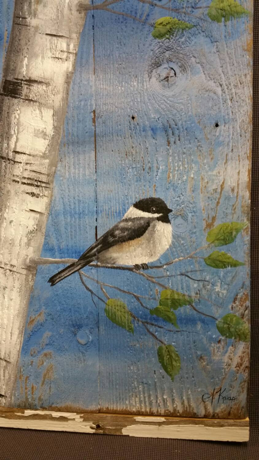 White Birch Painting pallet art, hand painted aspen trees, Chickadee with blue sky