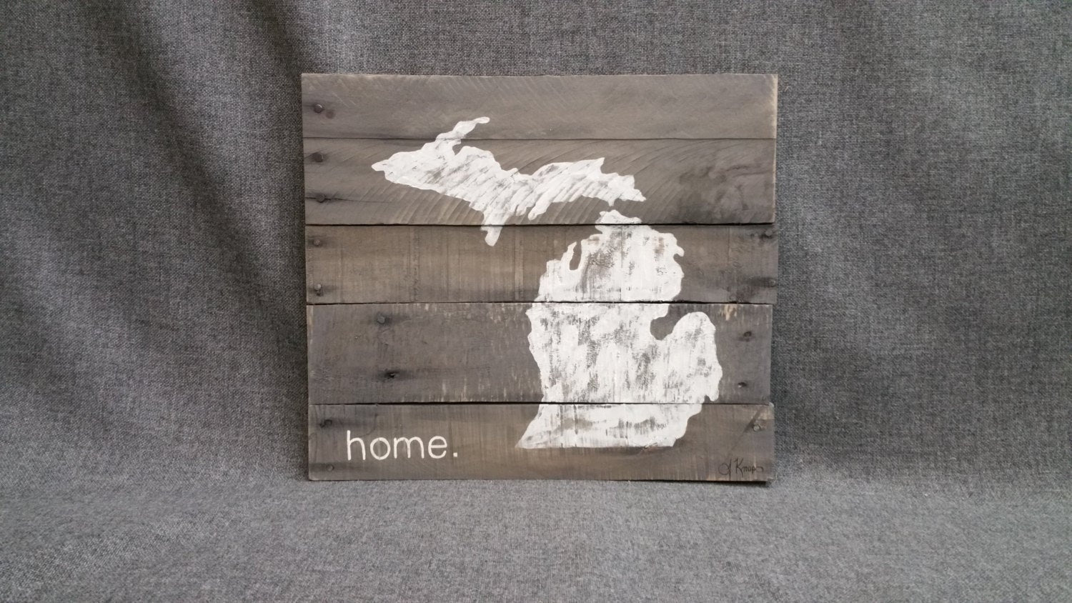 State of Michigan hand painted on gray stained pallet wood